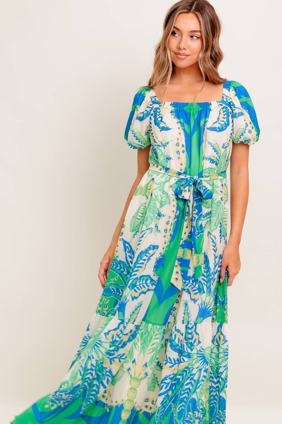 MADDISON MAXI DRESS for Women - Flowy Green & Blue Floral Summer Dress - Perfect for Beach Vacation, Wedding Guest, and Casual Outings