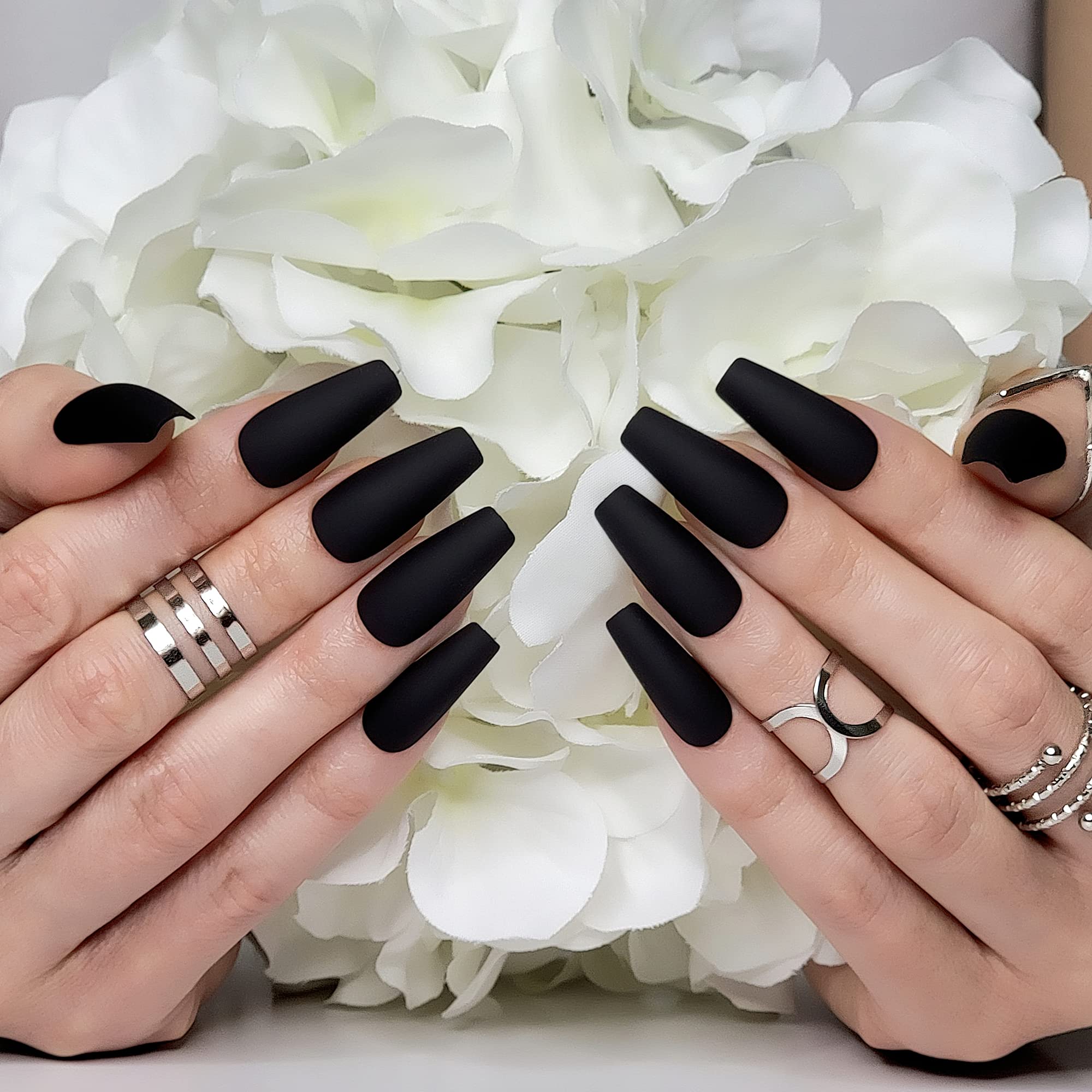 Hypnaughty 24 Pcs Black Matte Press on Nails - Medium Long Coffin False Nails with Glue, Luxury Solid Black Color (Noir) | Perfect for Parties, Weddings, and Special Occasions