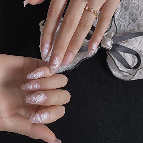 24PCS French Tip 3D Press on Nails Short Fake Nails with Glue - White Ballerina Coffin False Nails with Floral Designs for Women & Girls - Perfect for Parties, Weddings, Ballet Performances & Daily Wear