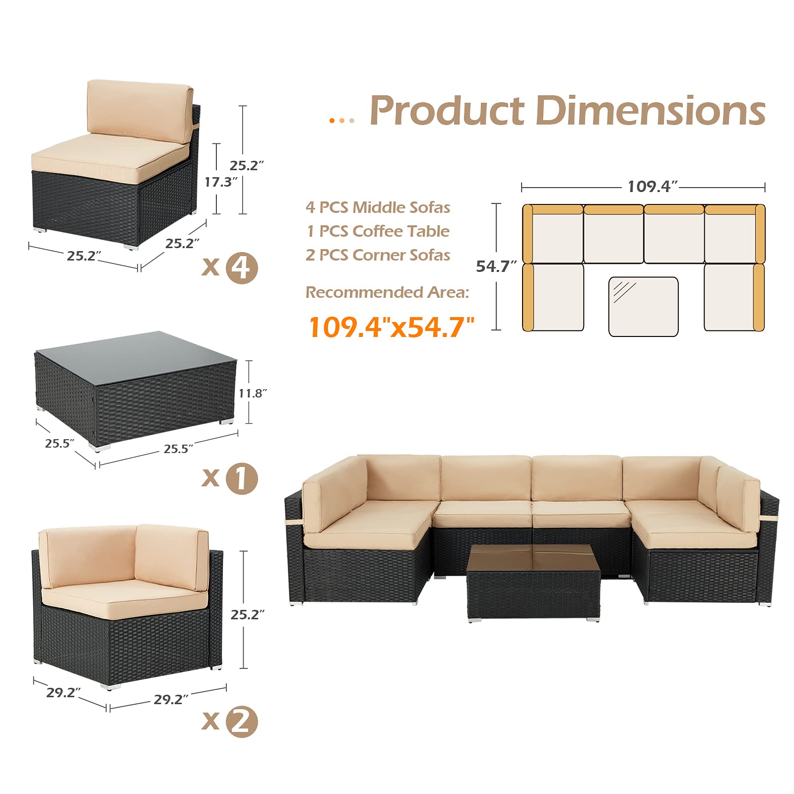 AECOJOY 7-Piece Outdoor Patio Furniture Set - PE Rattan Sectional Sofa with Coffee Table, Khaki Cushions & Black Frame - Perfect for Garden, Backyard, Poolside & Outdoor Entertaining