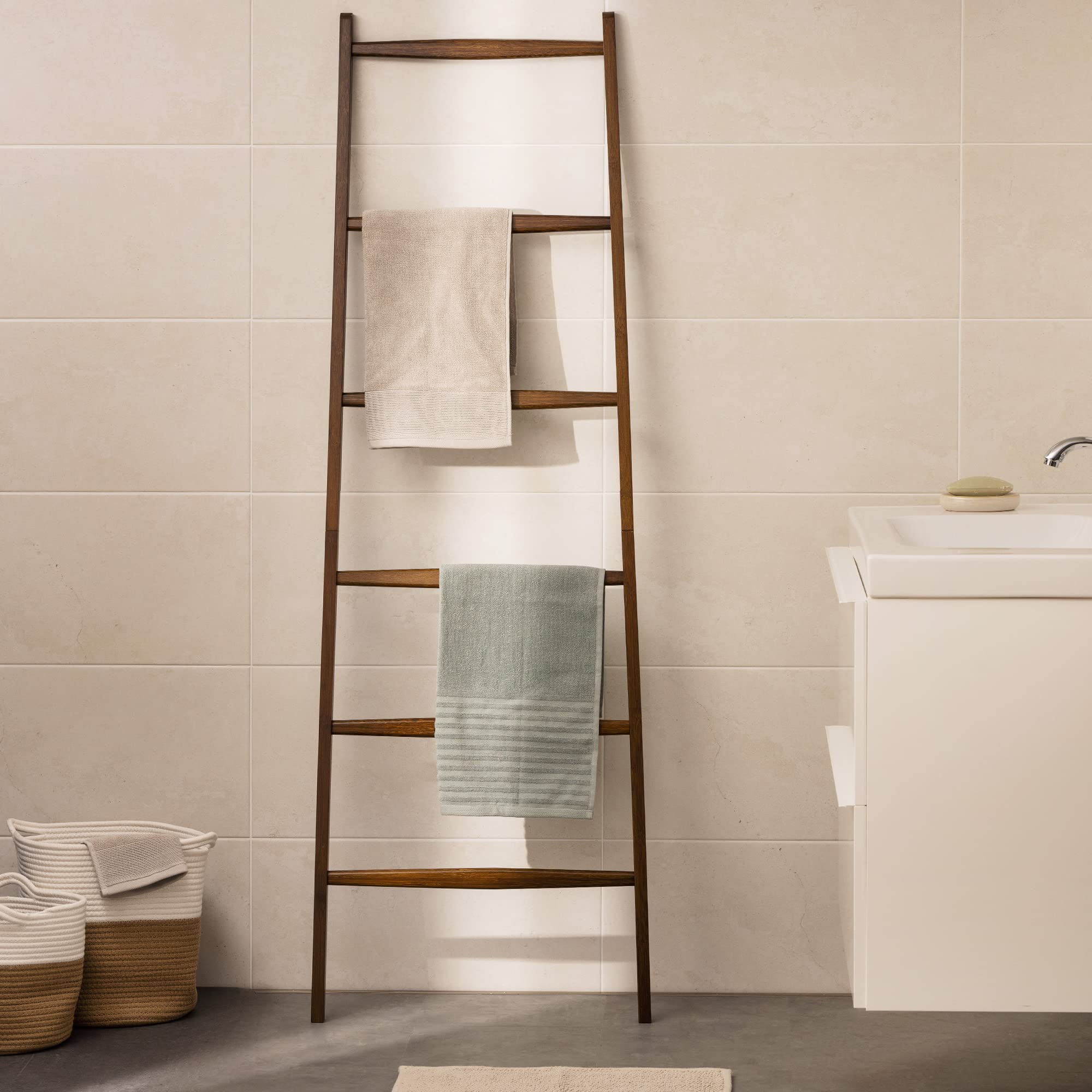 Premium Bamboo Towel Ladder - Space-Saving Wooden Rack for Blankets, Towels & Clothes - Bathroom & Bedroom Organizer - Natural Dark Brown Finish - Perfect for Spa, Laundry Room & Cozy Home Decor