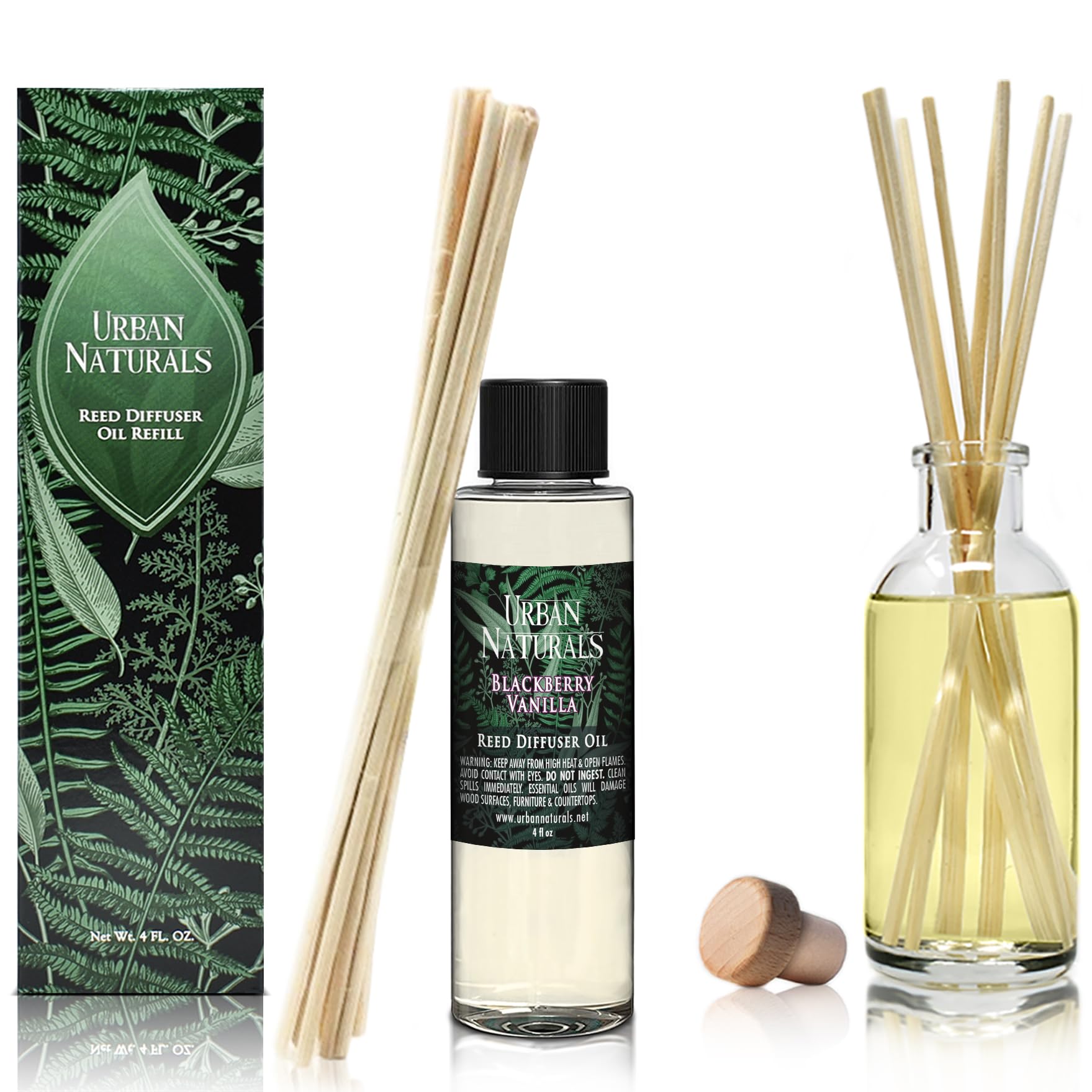 Urban Naturals BlackBerry Vanilla Reed Diffuser Refill Oil 4 oz - Essential Oil Blend with Ripe Blackberries, Warm Vanilla & Patchouli | Includes Free Reed Sticks | Made in USA | Perfect for Home, Office & Spa Aromatherapy