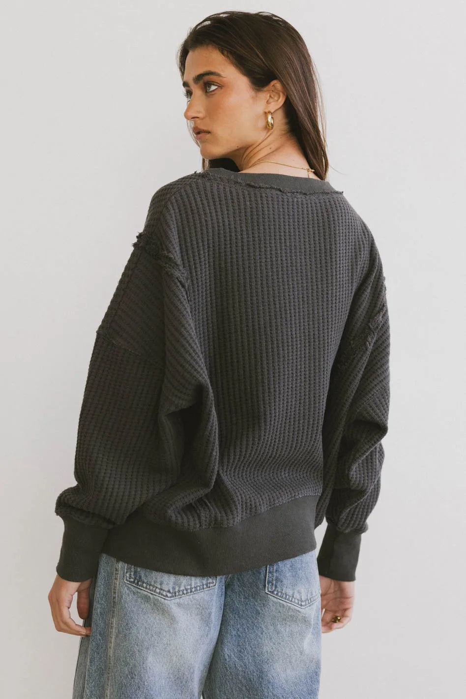 Ellis Waffle Knit Top Women's Long Sleeve Thermal Shirt in Charcoal Grey - Cozy Winter Layering Piece for Casual Outfits & Outdoor Activities