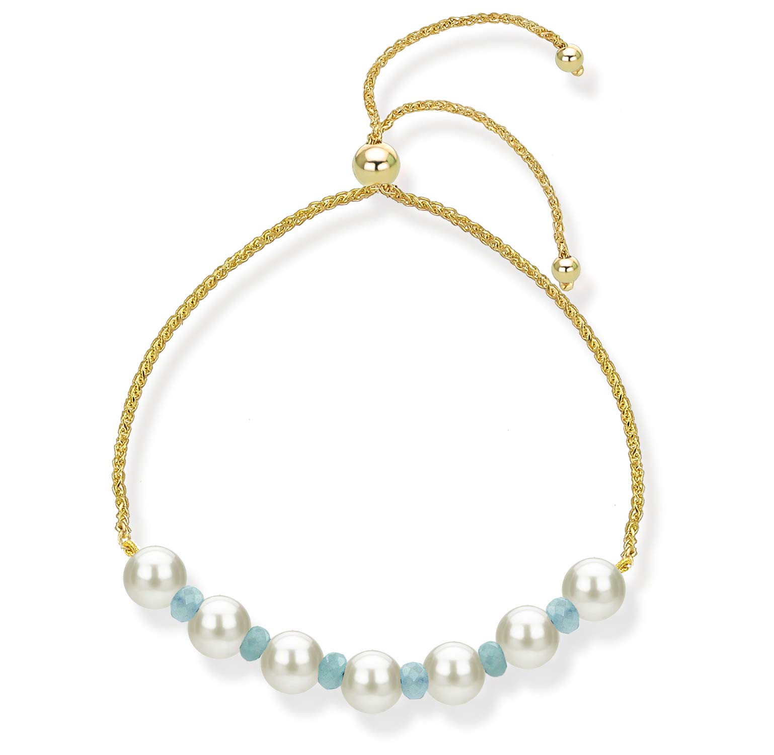 14K Yellow Gold Bolo Bracelet with Simulated Blue Aquamarine & Freshwater Cultured Pearl | Elegant Adjustable Jewelry for Women | Perfect for Weddings, Parties & Everyday Wear