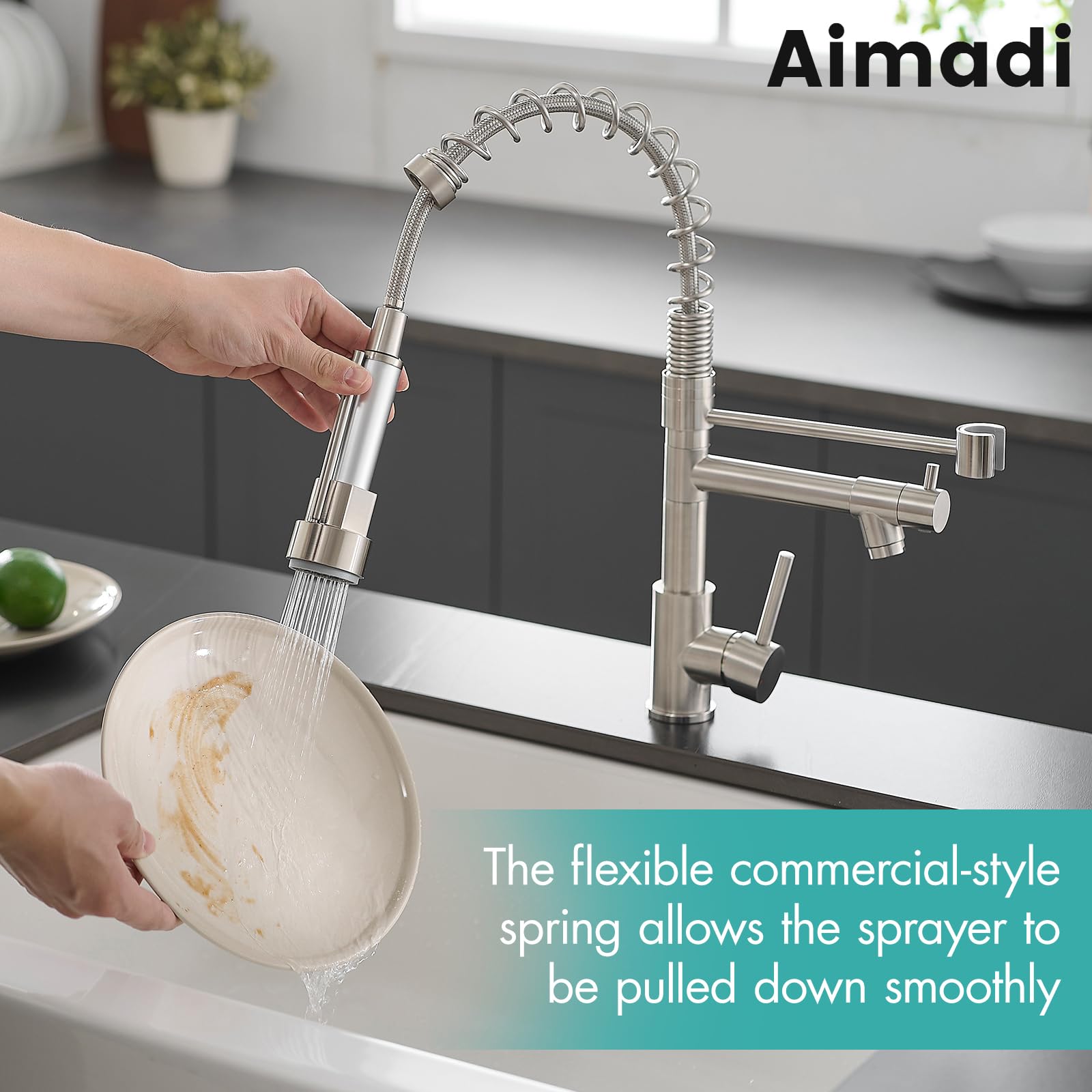 AIMADI Brushed Nickel Single Handle Pull Down Kitchen Faucet - Stainless Steel Contemporary Sink Faucet with Sprayer for Modern Home Kitchen Renovation & Upgrade
