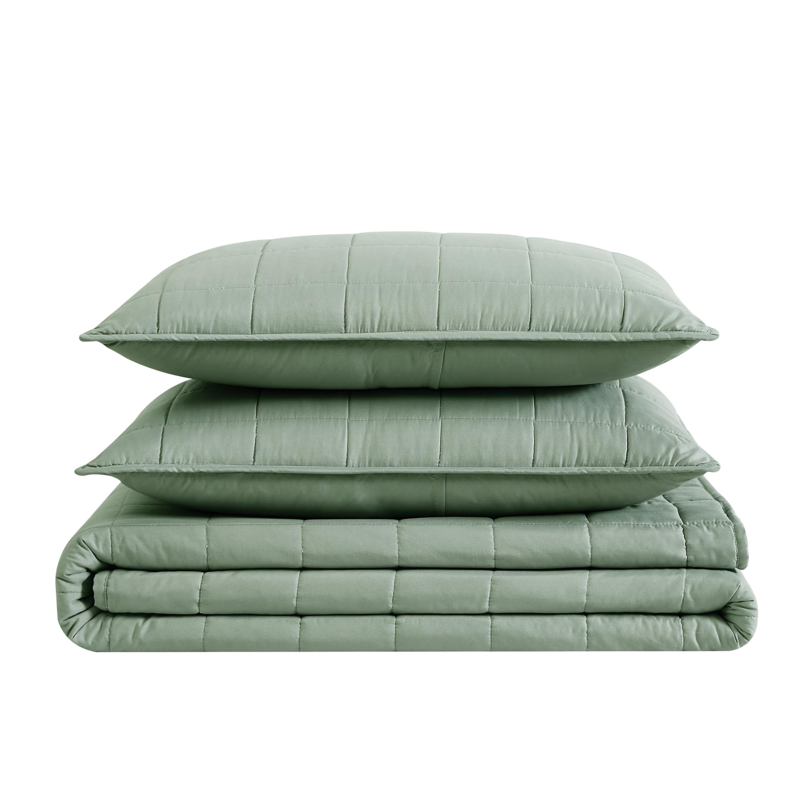 London Fog Green Microfiber 3-Piece King Quilt Set - Garment Washed Solid Design, Oeko-TEX Certified for Adults & Teens | Cozy Bedroom Upgrade for Winter Nights