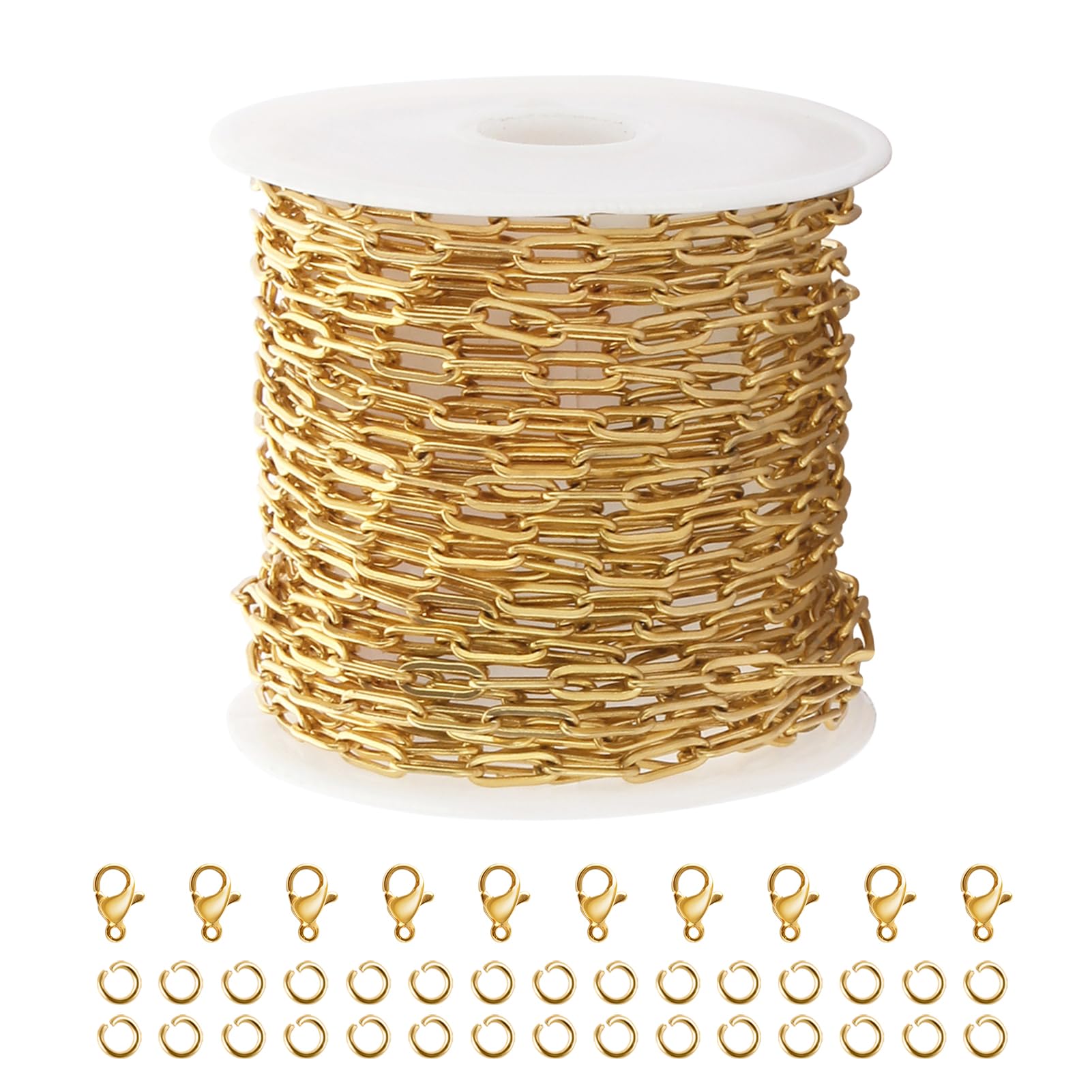 5M Gold Plated 304 Stainless Steel Paperclip Necklace Chain with Lobster Clasps & Jump Rings - Jewelry Making Supplies for Men & Women - Perfect for DIY Necklaces, Bracelets and Craft Projects