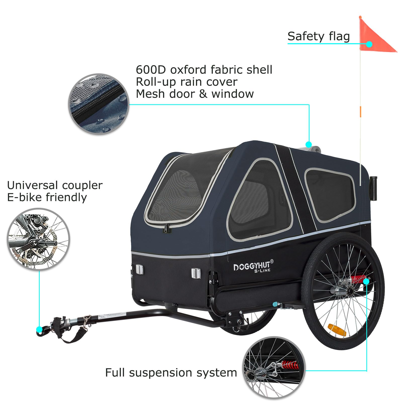 DOGGYHUT® S-Line XL Pet Bike Trailer & Stroller for Large Dogs Up to 100 lbs - Foldable Dog Cart with Suspension Wheels, Low Center Gravity & Parking Brakes - Perfect for Cycling, Jogging & Outdoor Adventures with Your Dog