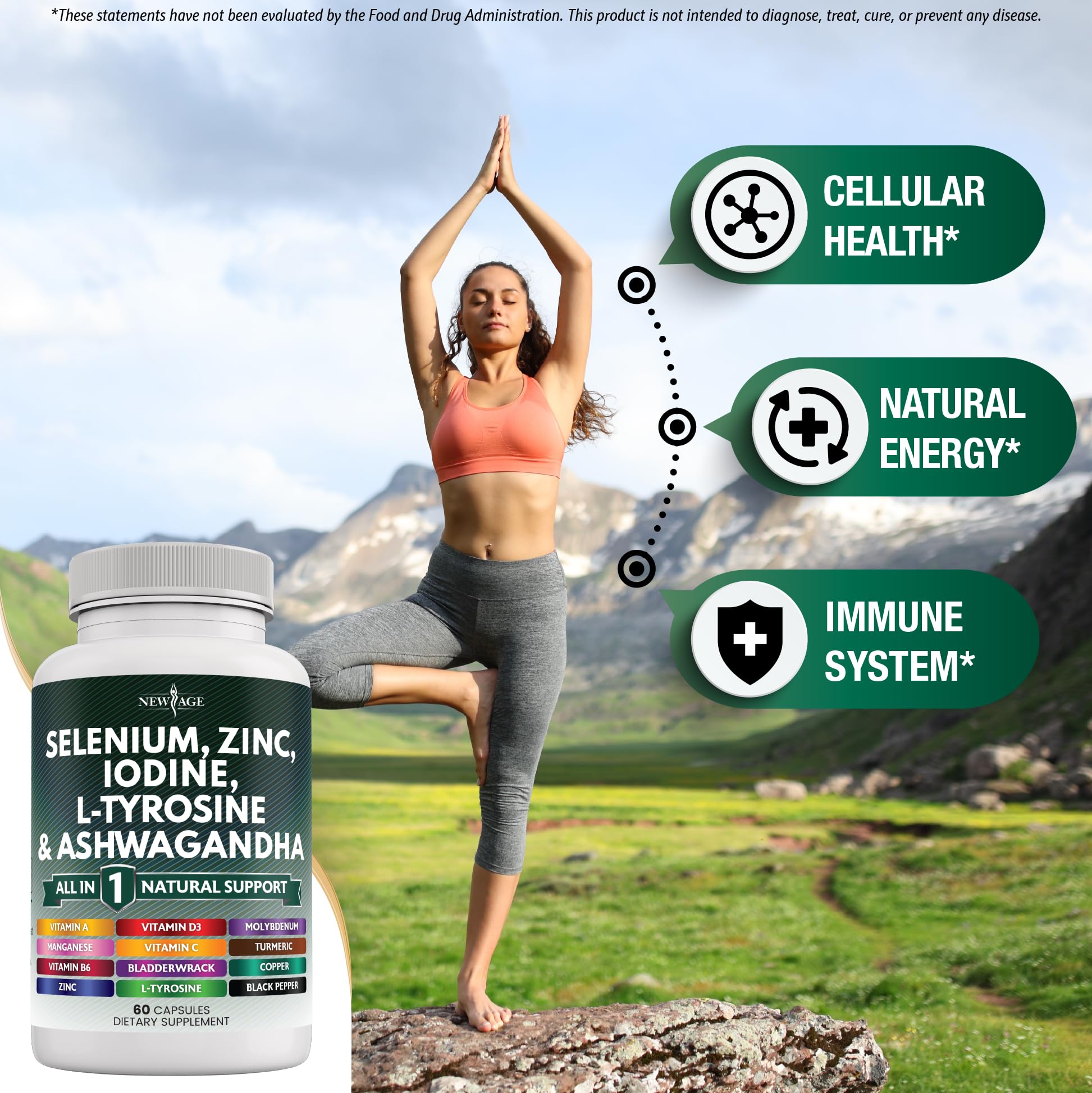 Thyroid Support Supplement with Selenium, Zinc, Iodine, L-Tyrosine & Ashwagandha - Bladderwrack, Turmeric, Silica Kelp & Schisandra for Men & Women - 60 Capsules - Boost Energy & Metabolism for Active Lifestyles