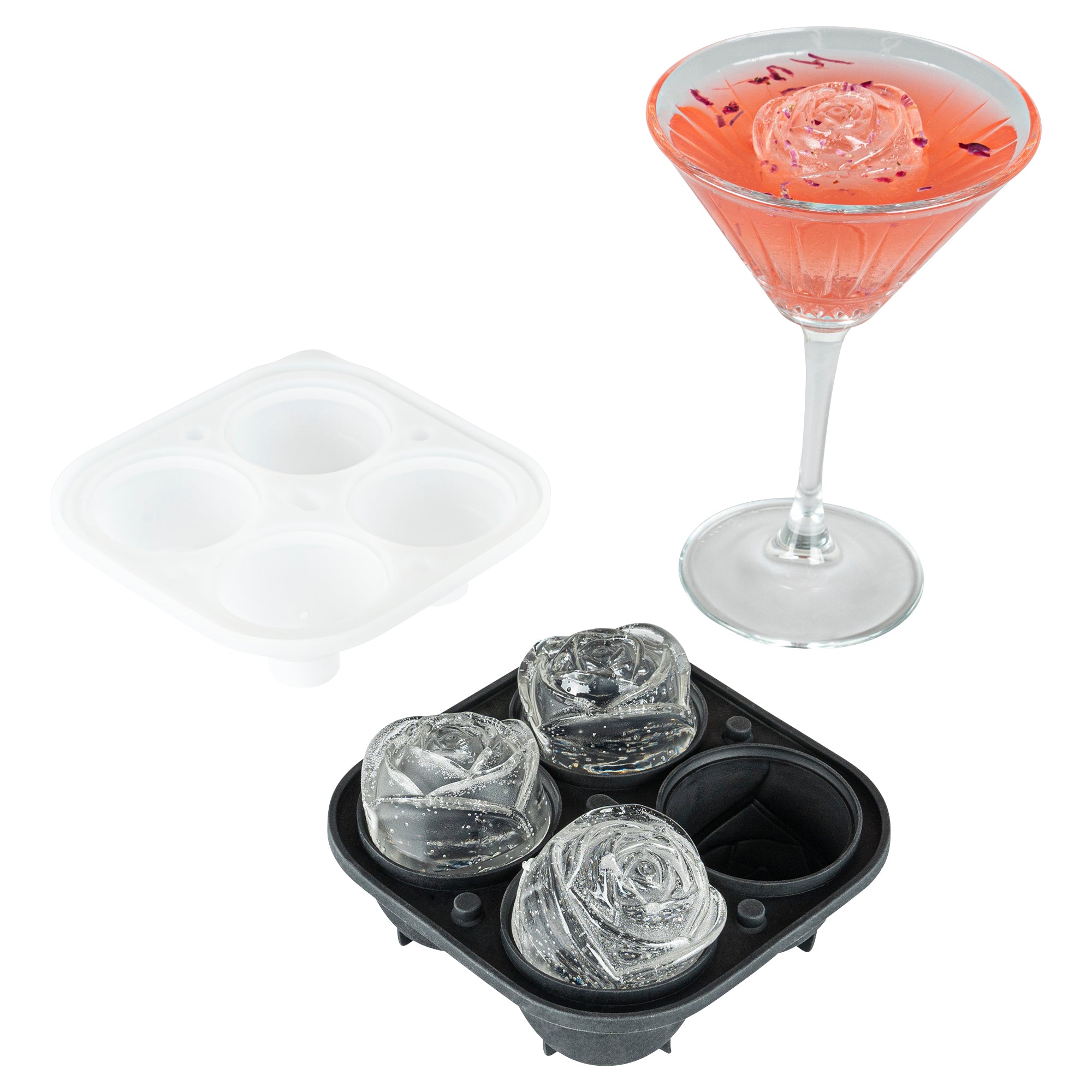 Premium Black Silicone Ice Cube Tray with 2 Rose & 4 Compartment Designs - 1 Count Box - Perfect for Cocktails, Champagne & Romantic Dinner Decorations
