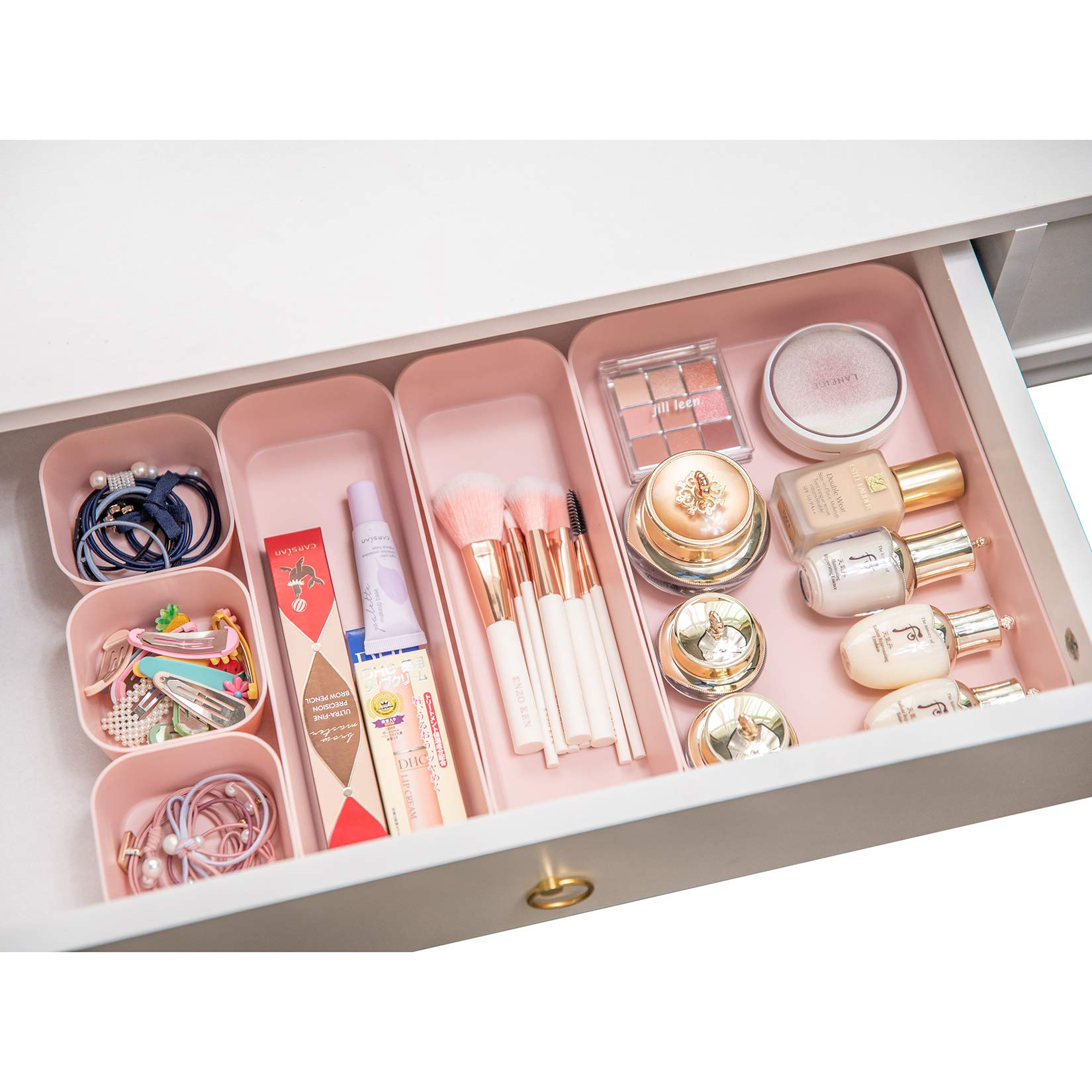 12-Pack Pink Plastic Drawer Organizers for Makeup, Bathroom, Office & Kitchen - Stackable Storage Containers for Vanity, Desk & Cabinet Organization (Home & Office Use)