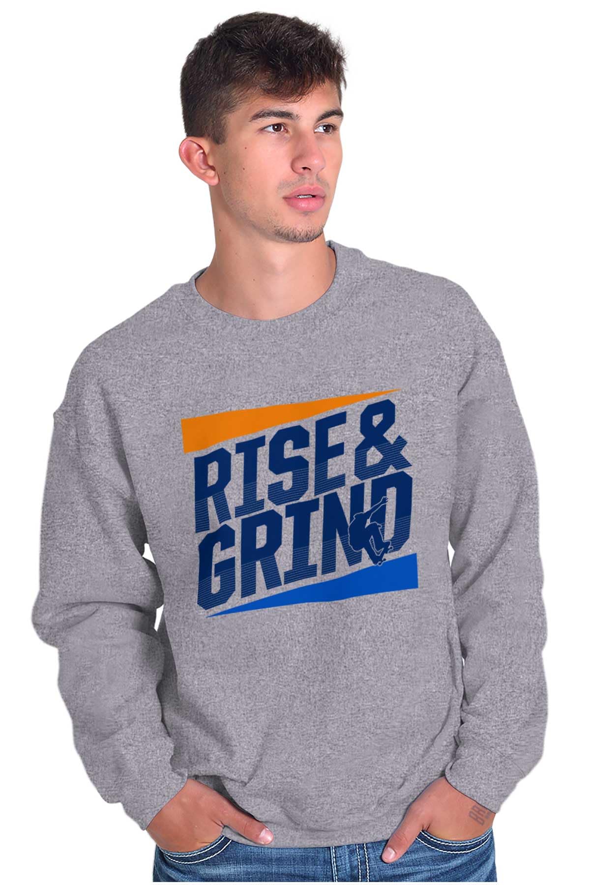 Brisco Brands Rise and Grind Skateboard Quote Men's Crewneck Sweatshirt - Comfortable Pullover Hoodie for Skateboarders, Streetwear & Casual Outfits