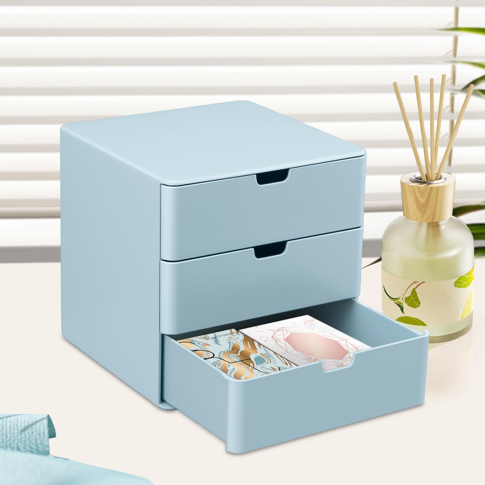 3-Drawer Vanity Organizer - Compact Makeup Storage Organizer with Drawers, Blue | Perfect for Bathroom Countertop, Bedroom Dresser & Closet Organization