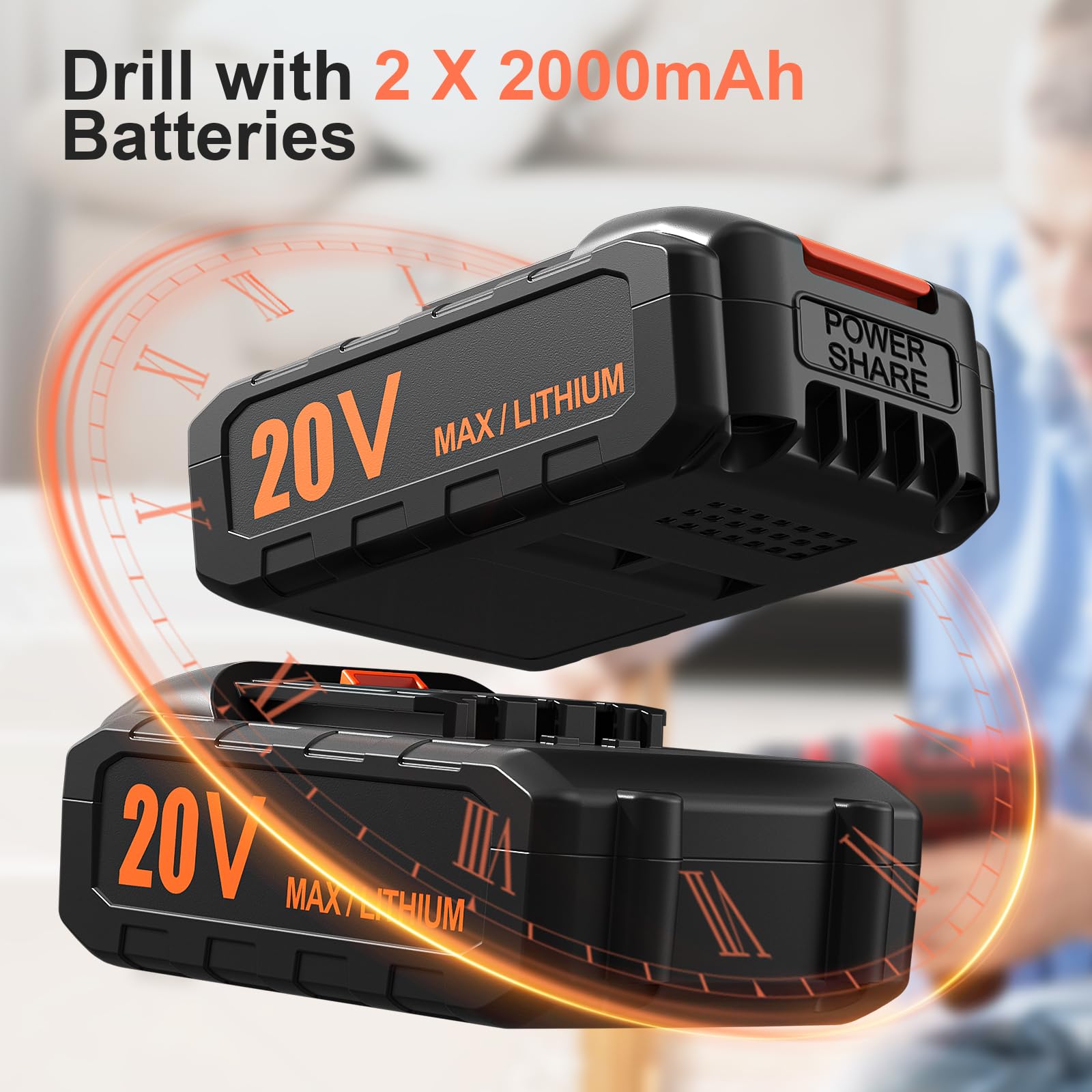 20V Cordless Drill with 2 x 2000mAh Batteries & Charger - 3/8