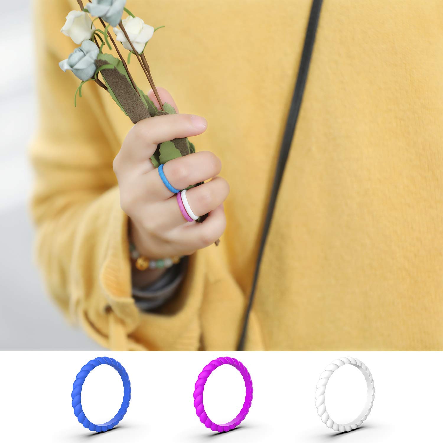 Zollen 12 Pack Thin Braided Silicone Wedding Rings for Women - Hypoallergenic Rubber Wedding Bands, Stackable Comfort Fit Rings for Active Lifestyle, Gym, Swimming & Outdoor Activities