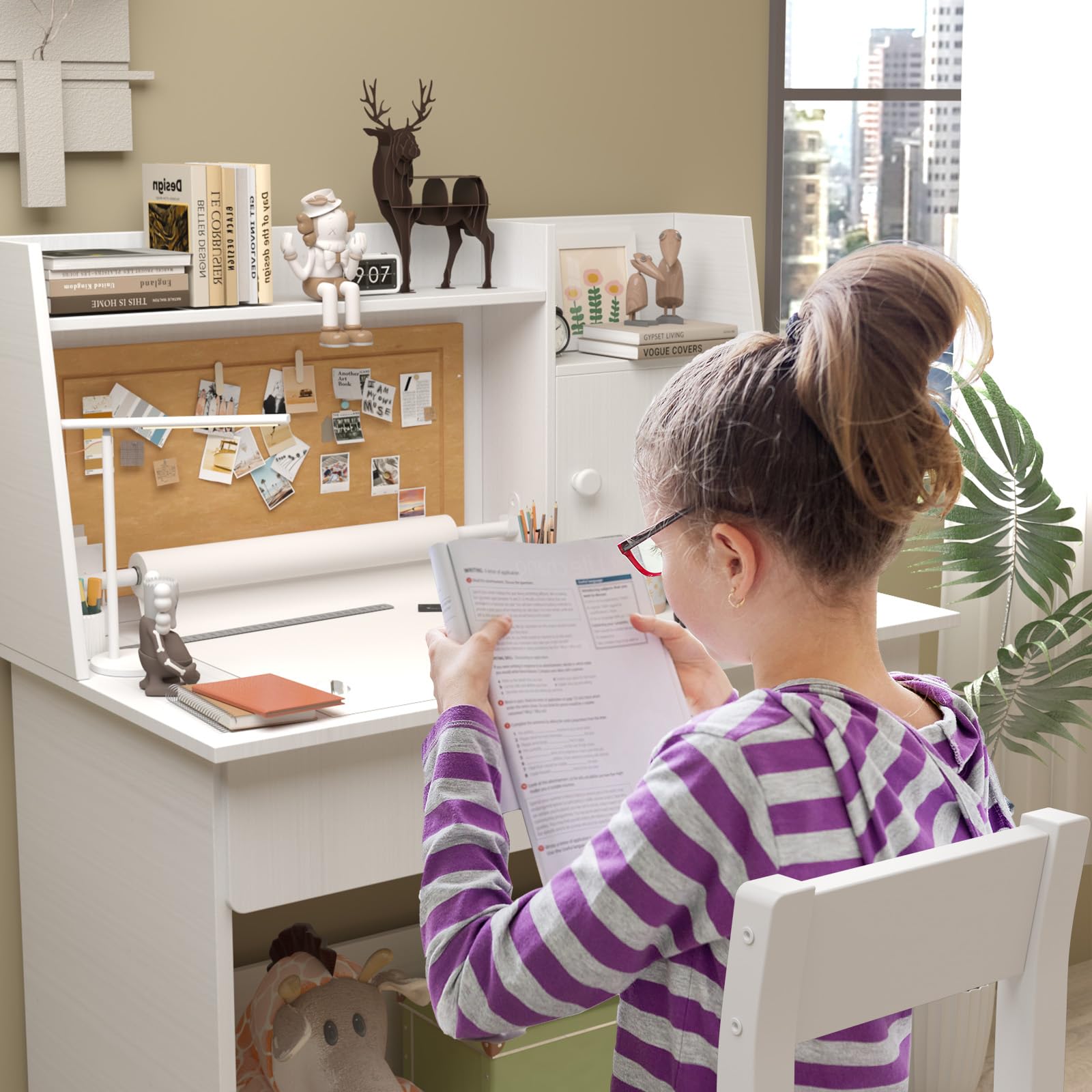 White Kids Desk and Chair Set for 5-12 Year Olds - Wooden Study Table with Paper Roll Dispenser, Drawers & Storage Shelf - Perfect for Homework, Drawing & Creative Play in Bedroom or Playroom