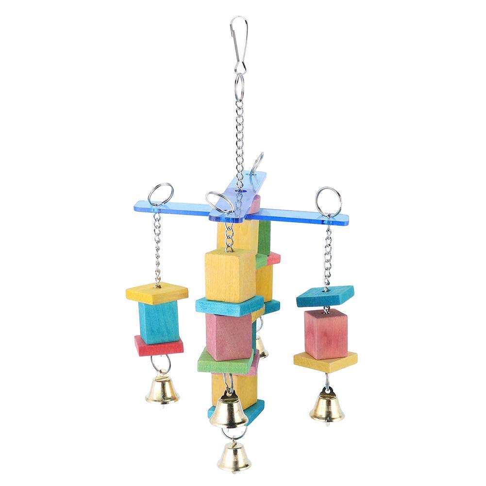 Colorful Wooden Bird Chewing Toy with Bell - Hanging Parrot Biting Blocks for Cockatiels, Conures & African Grey Parrots | Safe & Durable Bird Enrichment Toy for Cage Play & Training