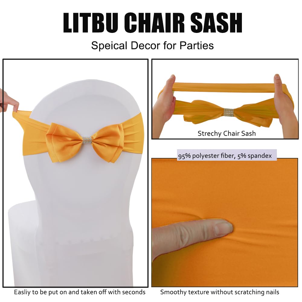 10-Piece Stretchy Chair Sash Bands with Bowknot Sliders - Elastic Spandex Chair Ribbons for Wedding, Party, Banquet, Birthday & Graduation Decorations - Gold | Perfect for Table Settings, Venue Decor, and Event Styling