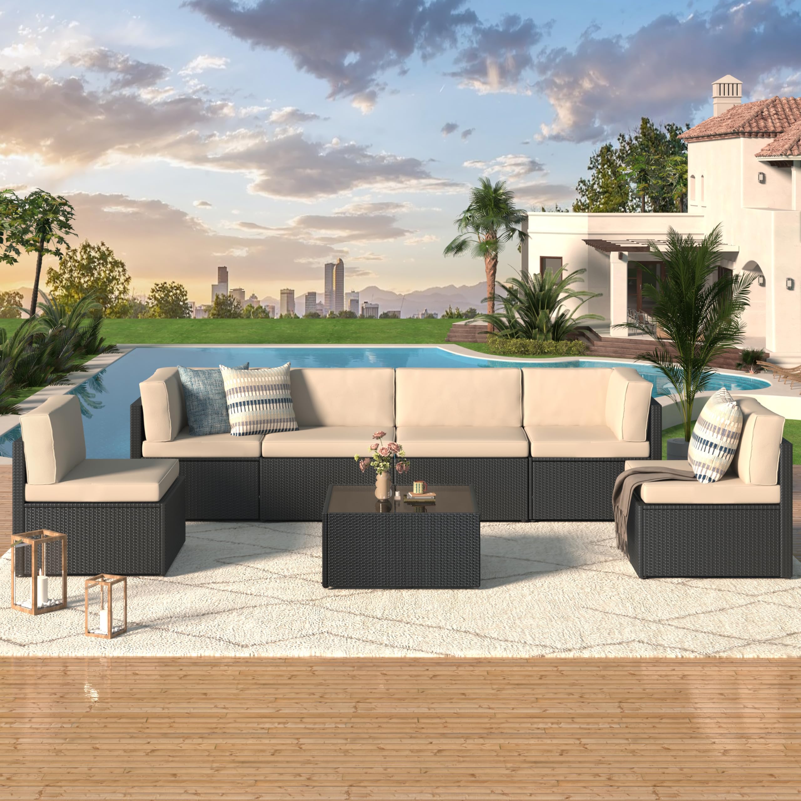 U-MAX 7-Piece Outdoor Patio Furniture Set - PE Rattan Wicker Sectional Sofa with Cushions & Coffee Table (Black Rattan & Beige Cushion) - Perfect for Garden, Backyard, Poolside & Patio Relaxation