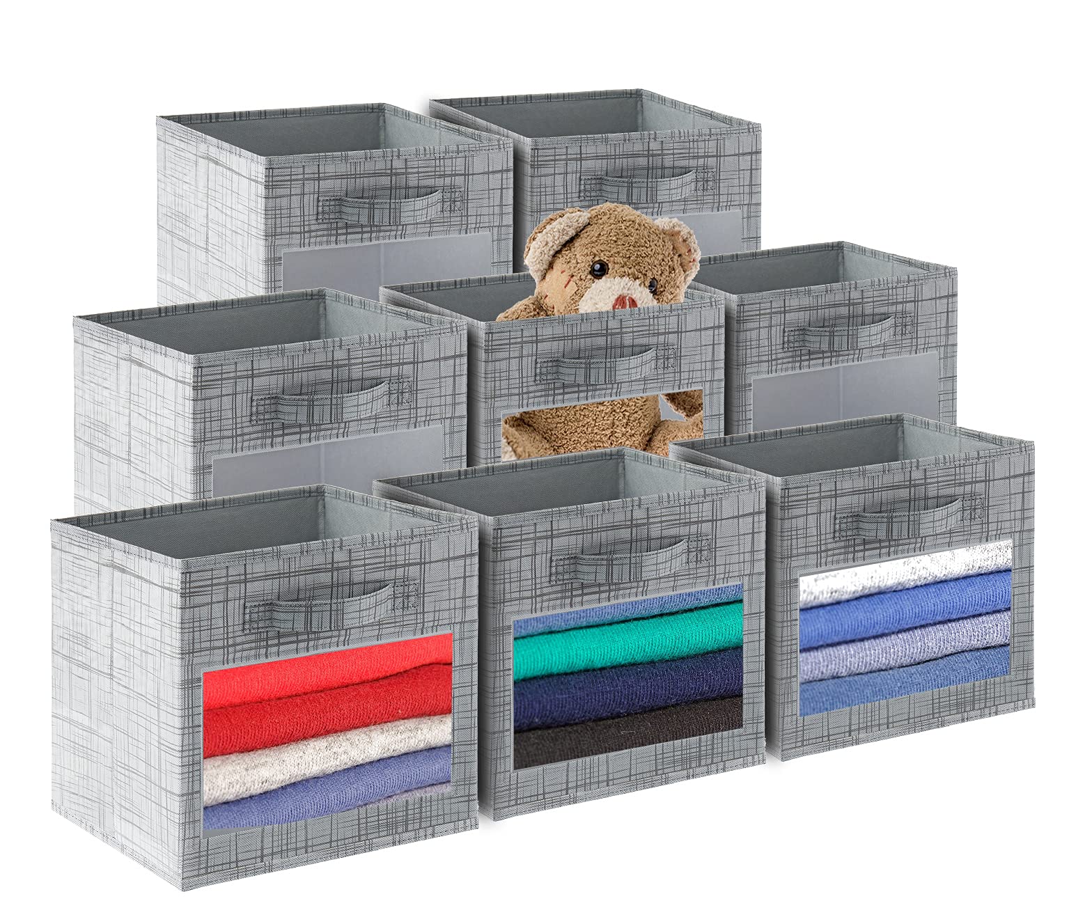 SUOCO 8-Pack Foldable Cube Storage Bins with Clear Window - Grey Fabric Baskets for Shelf, Closet, Nursery & Kids Room Organization | Perfect for Toy Storage, Book Shelving & Home Decor