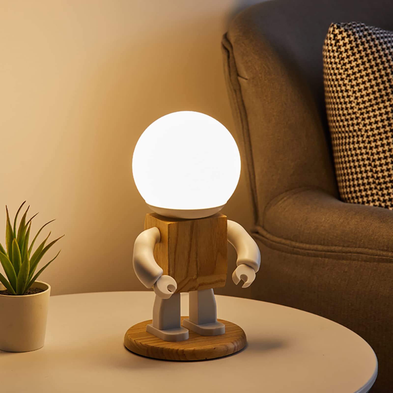Smart LED Robot Desk Lamp - 3 Color Modes, USB Rechargeable Night Light, Wooden Table Lamp for Bedroom, Office & Kids Room | Cute Decorative Sleep Light for Home, Study & Reading