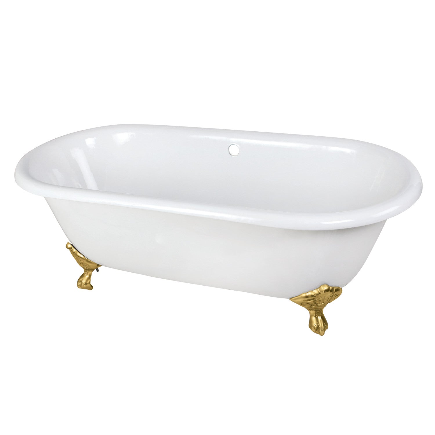 Aqua Eden 66 Inch White Cast Iron Clawfoot Bathtub - Oval Double Ended Freestanding Tub with Brushed Brass Feet (No Faucet Holes) | Vintage Bathroom Decor for Spa-Like Relaxation & Luxury Home Renovation