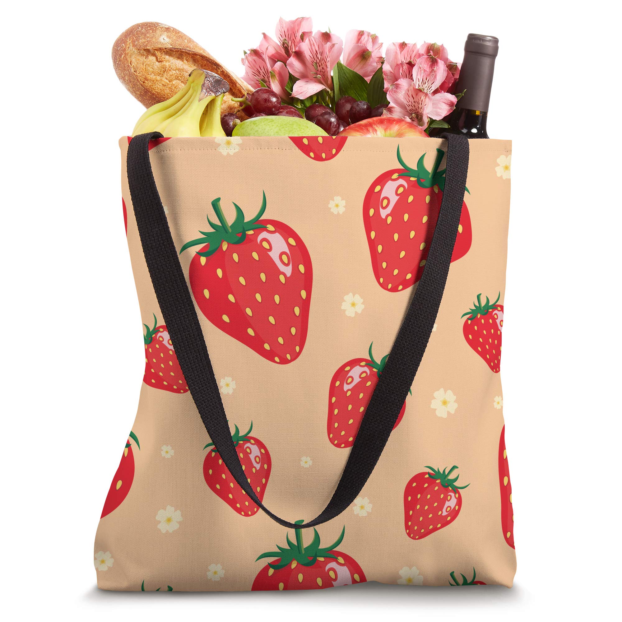 Stylish Daisy & Strawberry Print Tote Bag for Women - Summer Floral Reusable Shopping Bag - Perfect for Groceries, Beach, Picnics & Farmers Market
