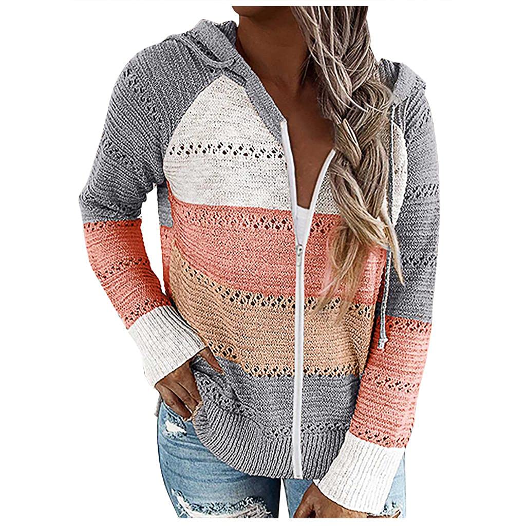 Hengshikeji Women's Casual Long Sleeve Zipper Hooded Cardigan Sweater - Fashion Splicing Design for Fall & Winter | Perfect for Office, Travel and Daily Wear