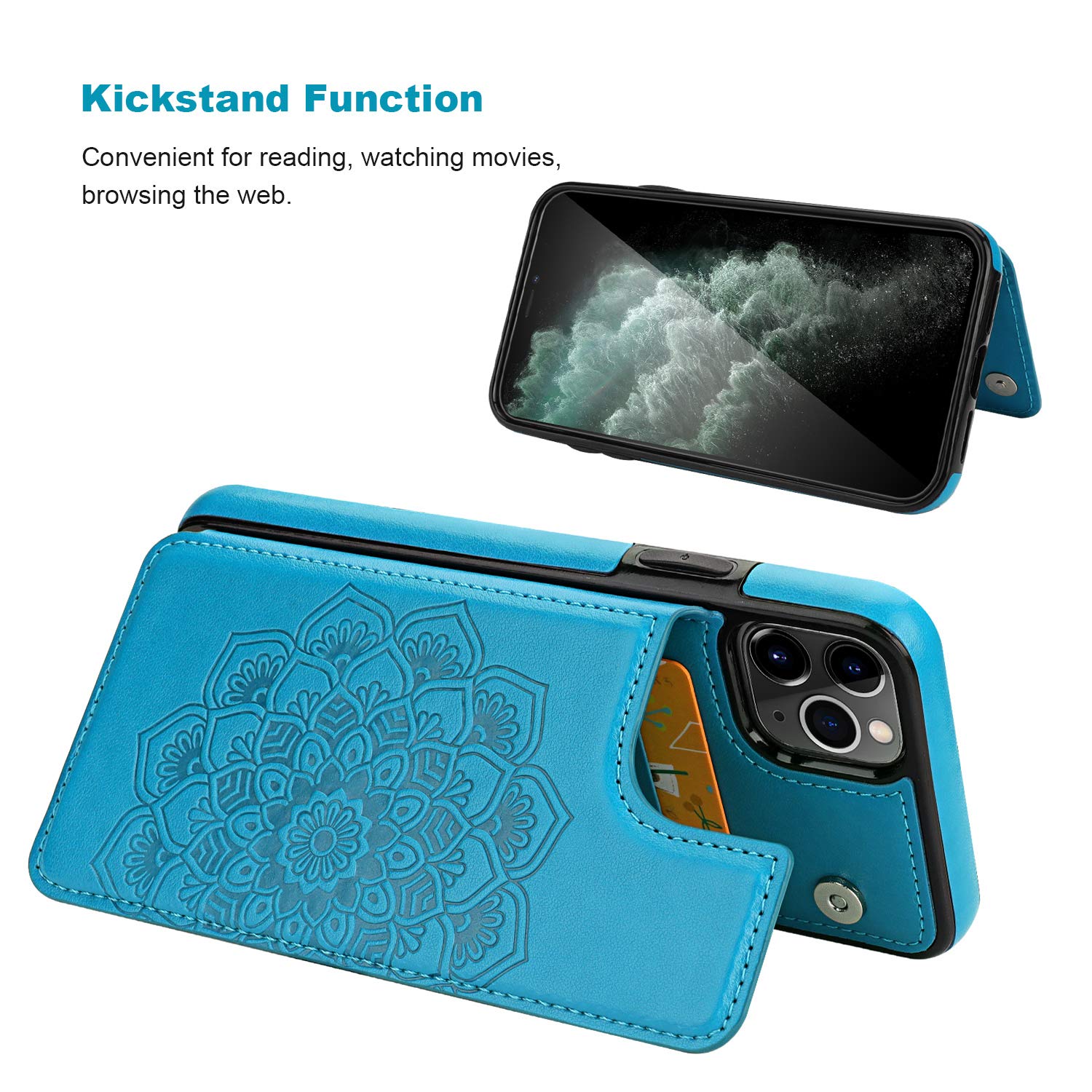 Premium PU Leather iPhone 11 Pro Max Case with Card Holder & Magnetic Closure - Embossed Mandala Design, Shockproof Protective Wallet Cover for iPhone 11 Pro Max 6.5