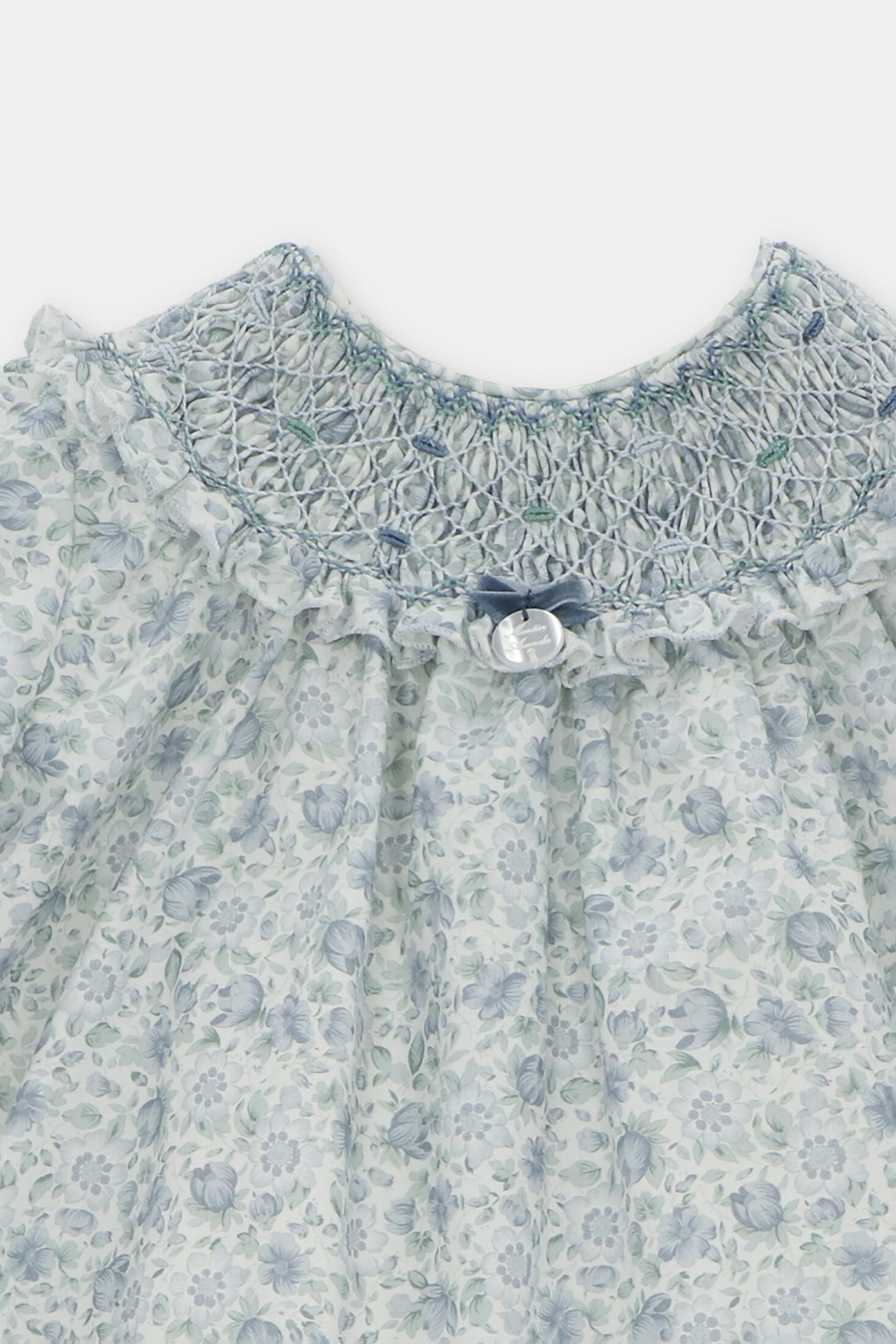 Sophie Powder Blue Floral Smocked Dress & Bloomers Set - Baby Girl's Vintage Style Outfit for Special Occasions, Photo Shoots & Easter Celebrations