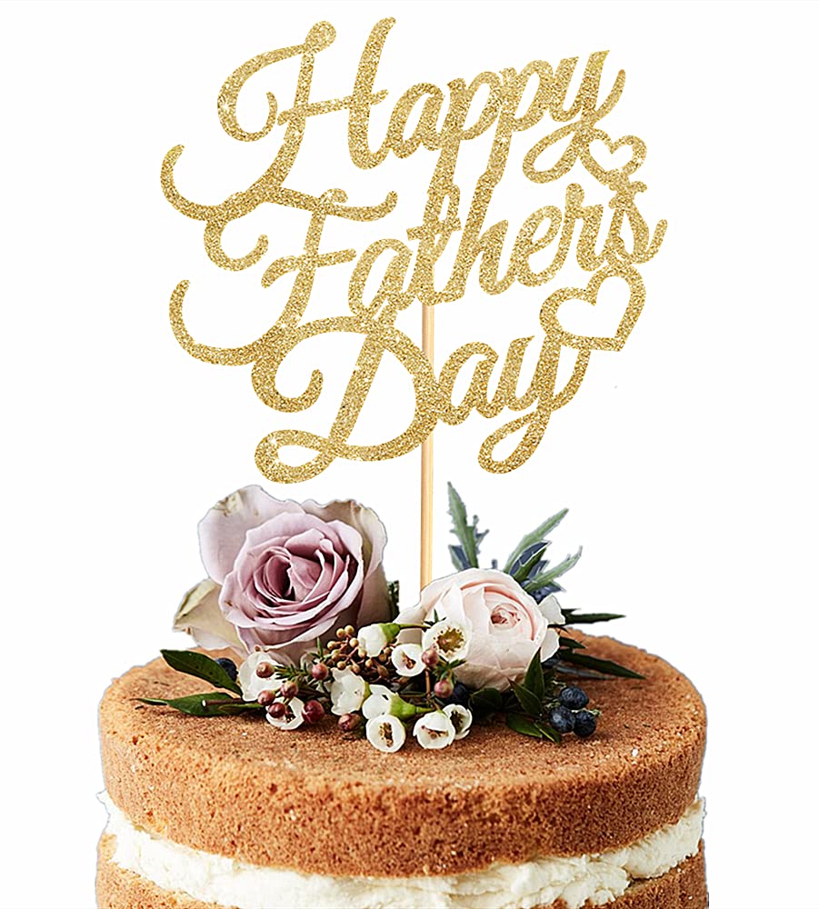 6 Pcs Gold Glitter Happy Father's Day Cake Toppers - Decorative Party Cake Decorations with Gold Letter Heart Design - Perfect for Father's Day Celebrations, Birthday Parties & Special Occasions
