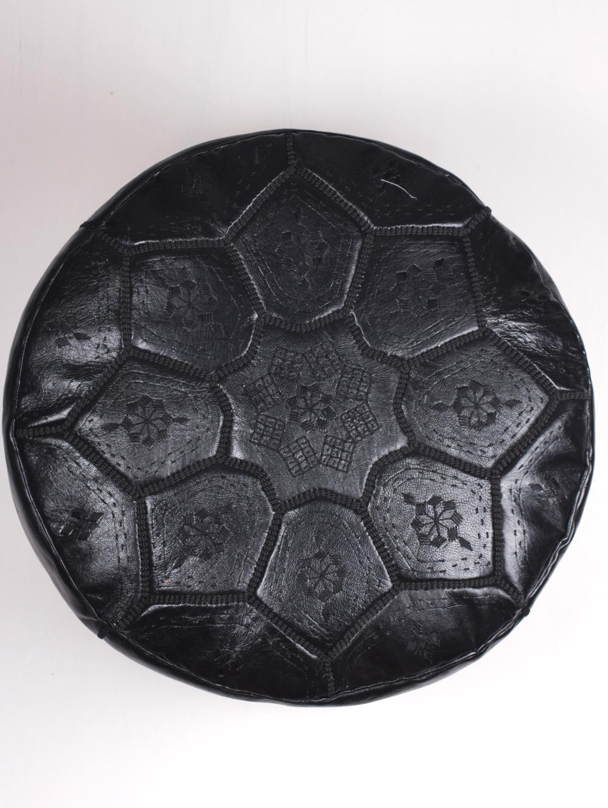 Handmade Moroccan Leather Tile Pouffe Ottoman - Black Leather Footstool for Living Room, Bedroom & Lounge Decor