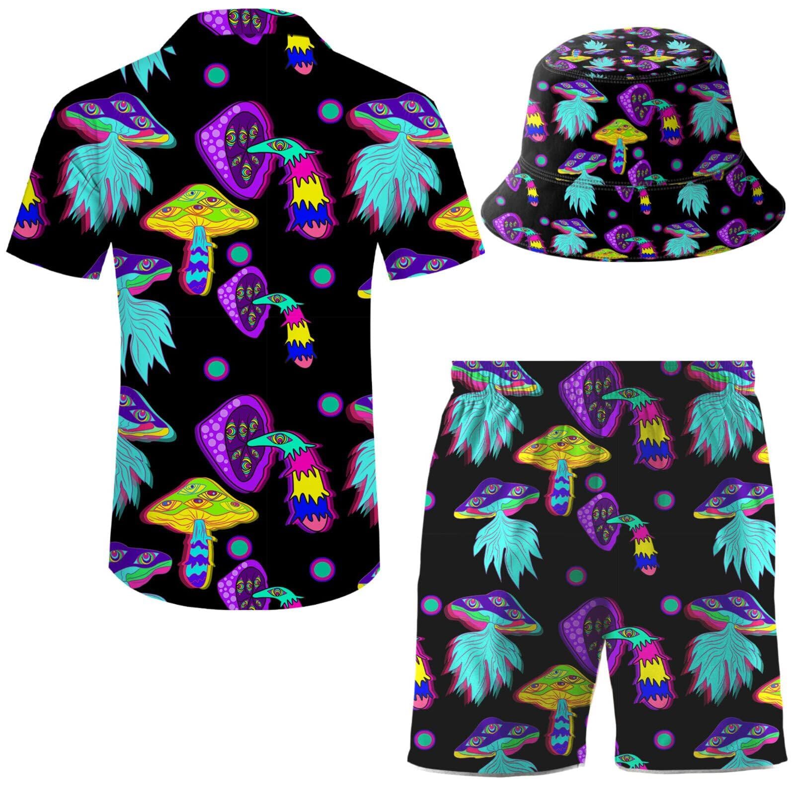 **Men's Hawaiian Print 2-Piece Tracksuit Set - Short Sleeve Button Down Shirt & Matching Shorts with Free Bucket Hat | Beach Vacation, Summer Outfits, Casual Wear**
