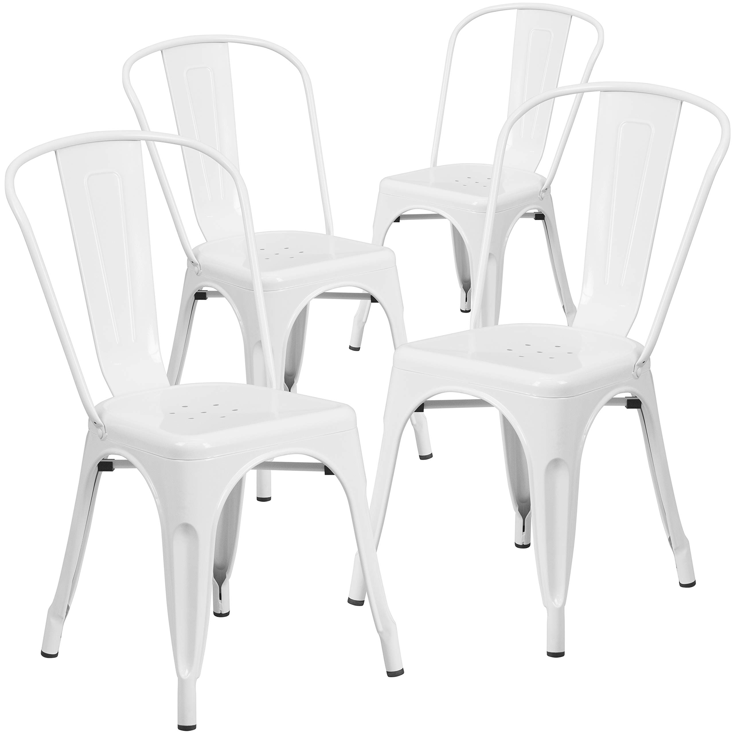4 Pack White Metal Stackable Chairs for Indoor & Outdoor Use - Durable Bistro & Restaurant Chairs - Perfect for Dining, Cafes, Patios & Events