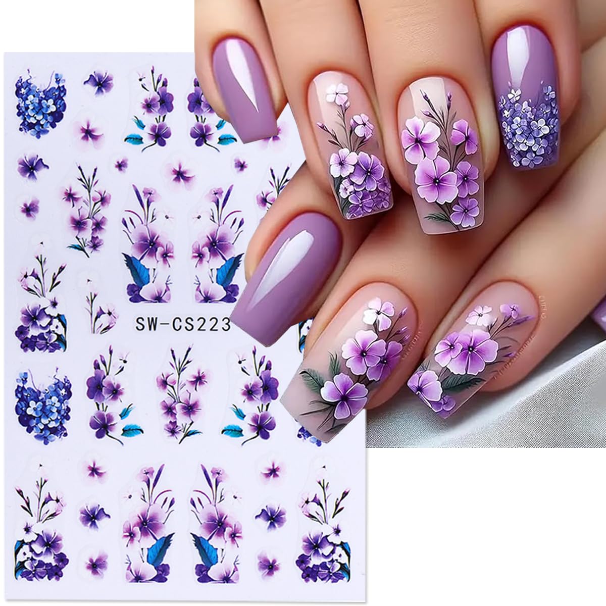 Spring Flower Nail Art Stickers - 6PCS Pink Purple Blossom Floral 3D Self-Adhesive Nail Decals for Manicure | DIY Nail Decorations | Perfect for Spring Parties, Weddings & Everyday Nail Art