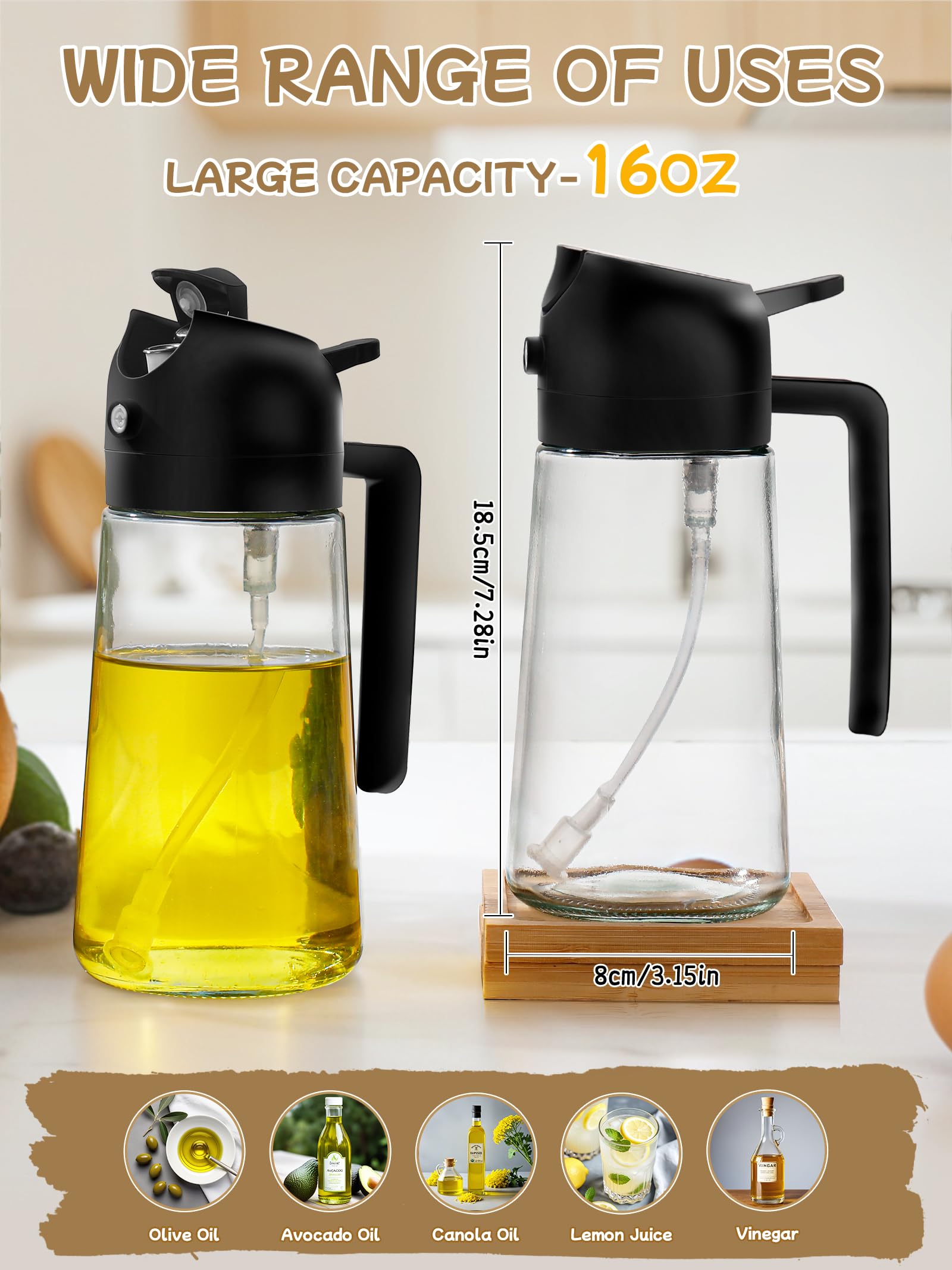 2-in-1 Oil Dispenser & Sprayer Bottle - 16oz Olive Oil Sprayer for Cooking, Air Fryer, Salad & Grill - Premium Kitchen Gadgets (2-Pack, Black) - Perfect for Healthy Cooking & Meal Prep