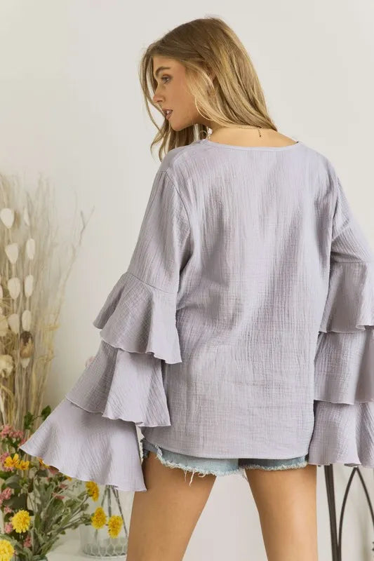 Elegant Layered Bell Sleeve Blouse for Women - Flowy Boho Chic Top with Ruffled Cuffs | Perfect for Casual Outings, Date Nights & Office Wear