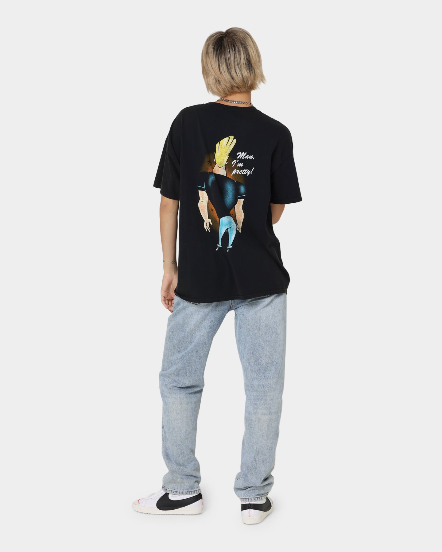 Vintage Johnny Bravo Graphic T-Shirt for Men - Black Washed Retro Style Tee - Perfect for Casual Wear, Cosplay, and 90s Nostalgia Fans
