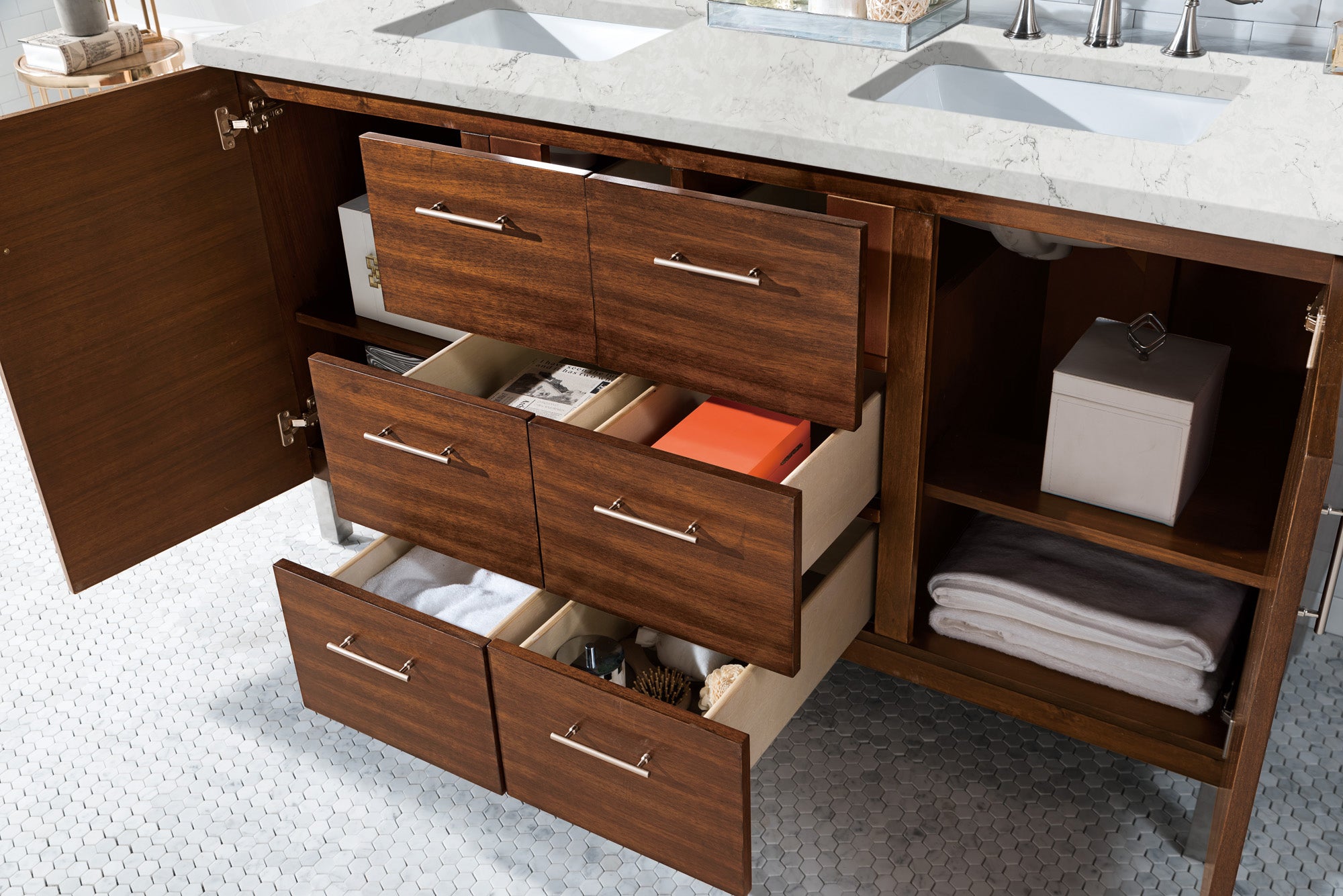 Metropolitan 60 Inch Double Bathroom Vanity with American Walnut Finish & 3CM Eternal Jasmine Pearl Quartz Countertop - Perfect for Master Bathroom Renovation and Luxury Home Upgrade