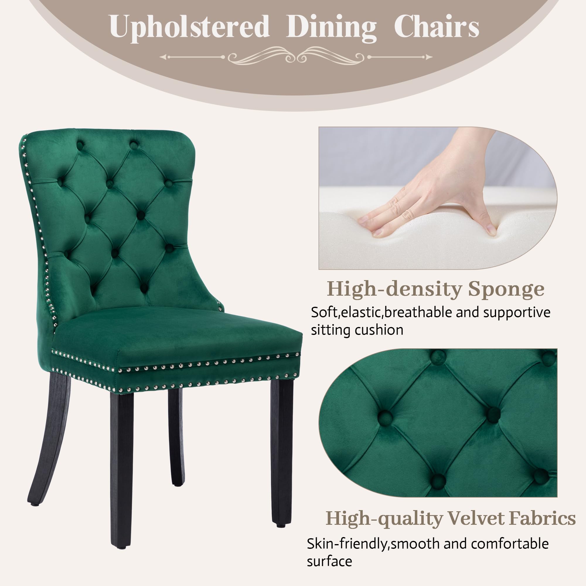 KCC Velvet Dining Chairs Set of 2 - Upholstered Tufted Modern Dining Room Chairs with Nailhead Trim & Solid Wood Legs, Nikki Collection Green Velvet Kitchen Chairs for Dining Room, Restaurant & Home Decor