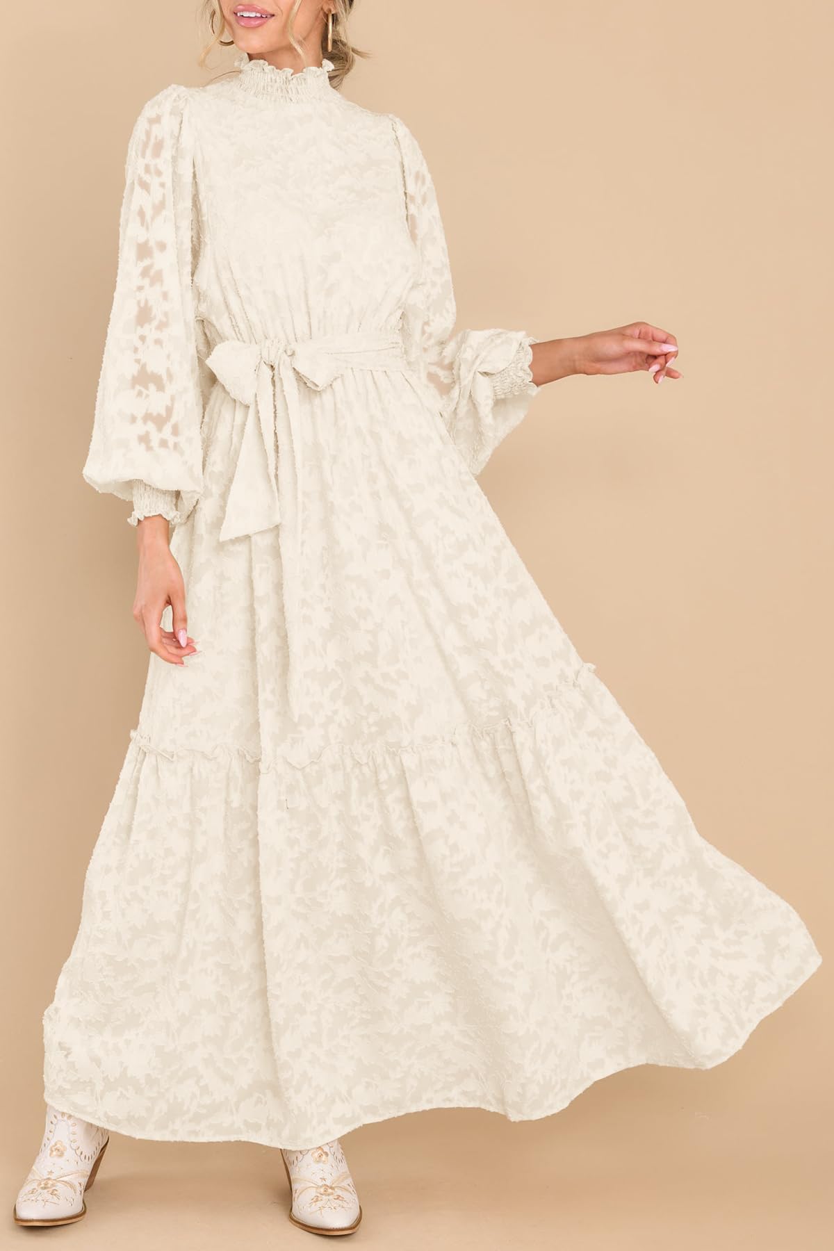Elegant Floral High Neck Long Sleeve Women's Maxi Dress with Elastic Waist & Belt - MITILLY Formal Fall Dress for Weddings, Parties & Office Wear