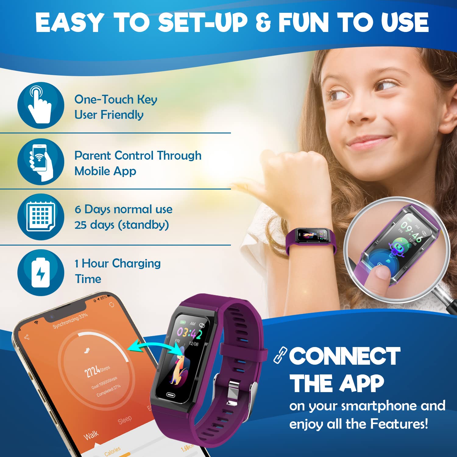 Inspiratek Kids Fitness Tracker for Girls and Boys (Age 5-16) - Waterproof Activity Watch with Heart Rate Monitor, Sleep Tracker, Calorie Counter, Step Counter - Perfect for Swimming, Running & School Activities (Purple)
