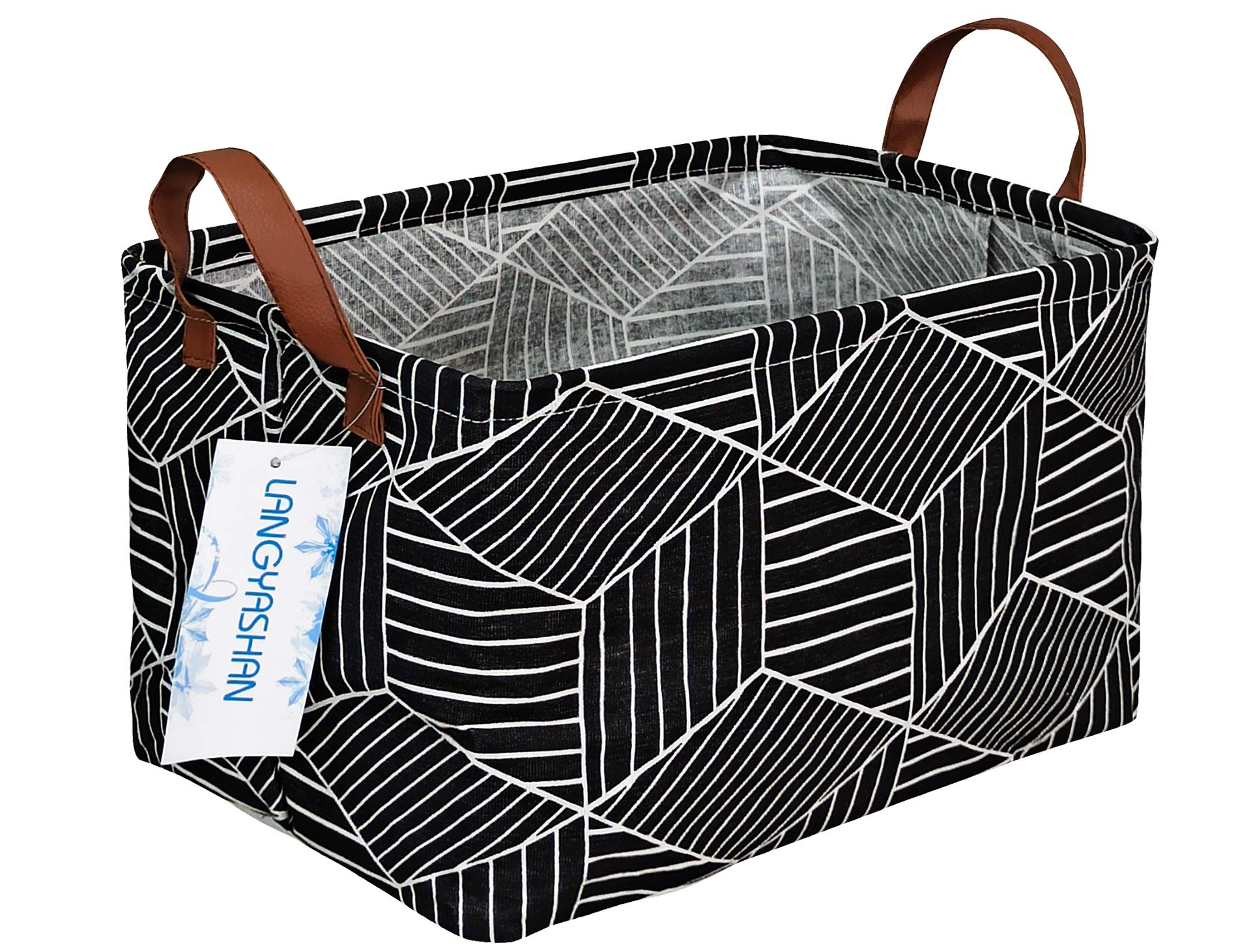 Collapsible Rectangular Storage Bin with Handles - Foldable Canvas Fabric Basket for Home Organization, Kitchen, Kids Toys, Office & Closet - Black Diamond Pattern (Perfect for Nursery, Playroom & Bedroom Storage)