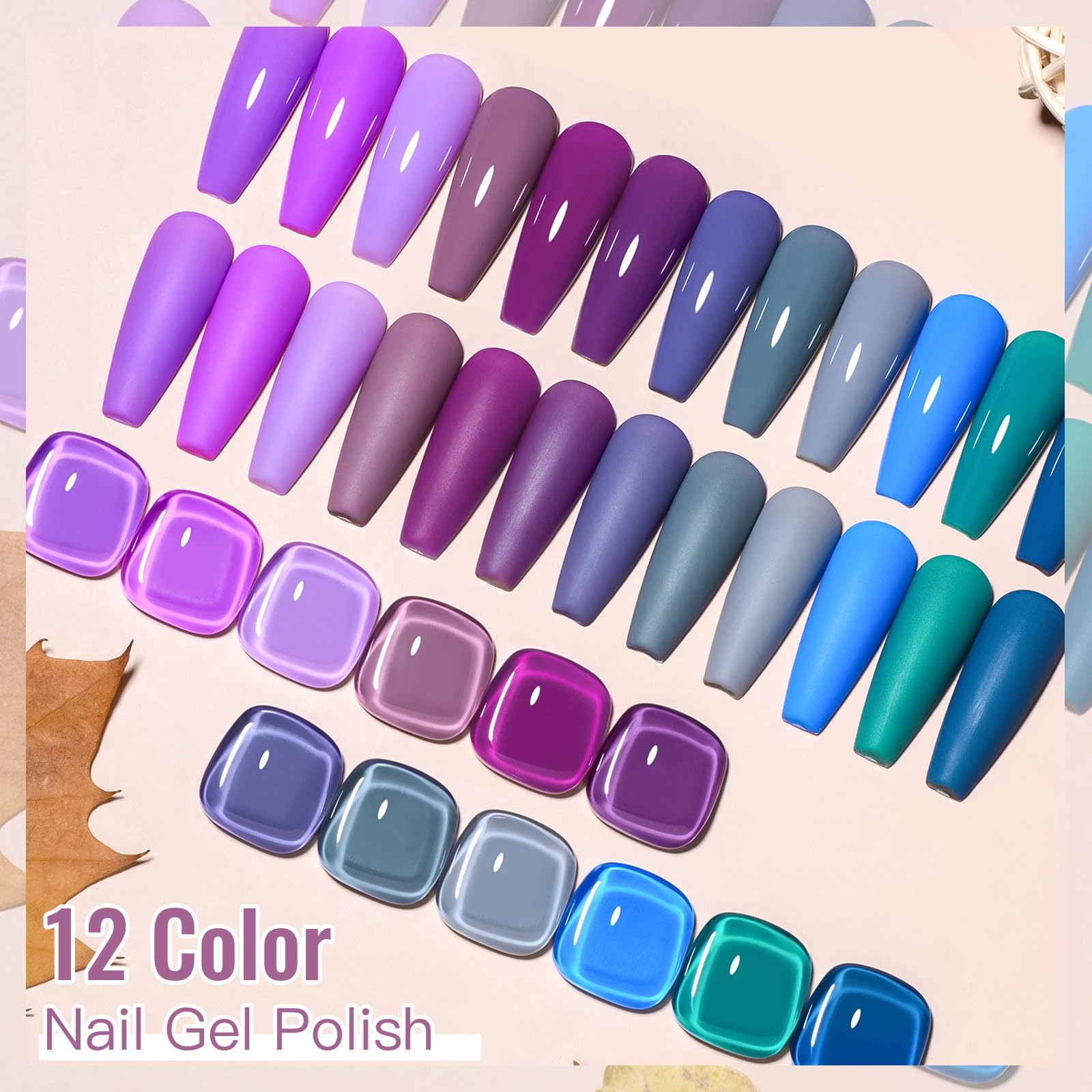 12pcs Soak Off UV LED Gel Nail Polish Set - Blue Purple Shimmer Nail Art Kit for Salon & Home Manicure | Long Lasting Gel Polish for Women | Perfect for Parties, Weddings & Special Occasions