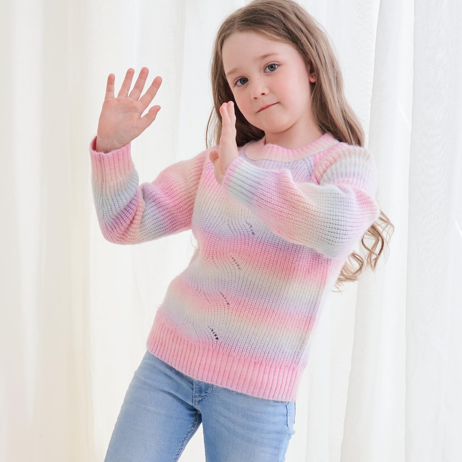 Girls Striped Gradient Cable Knit Sweater - Chunky Long Sleeve Pullover Jumper for Fall & Winter | Cozy School Outfits & Holiday Fashion