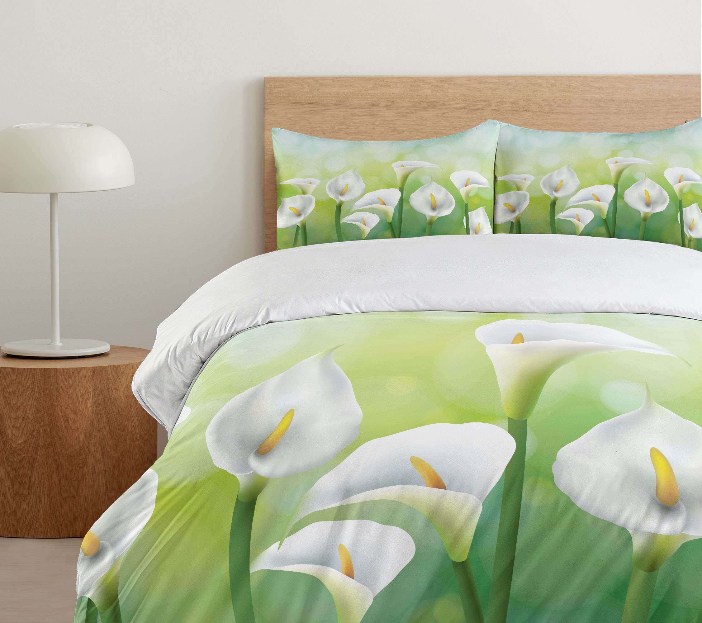 Lunarable Calla Lily Duvet Cover Set - Spring Floral Design on Green Background, 3-Piece King Size Bedding Set with 2 Pillow Shams (Green/White/Yellow) for Master Bedroom, Guest Room & Spring Home Decor
