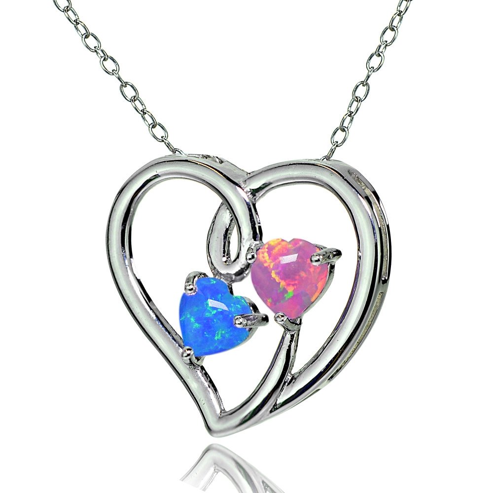 Sterling Silver Double Open Heart Necklace with Genuine & Created Gemstones - 5 Color Options | Elegant Gift for Valentine's Day, Anniversary & Special Occasions