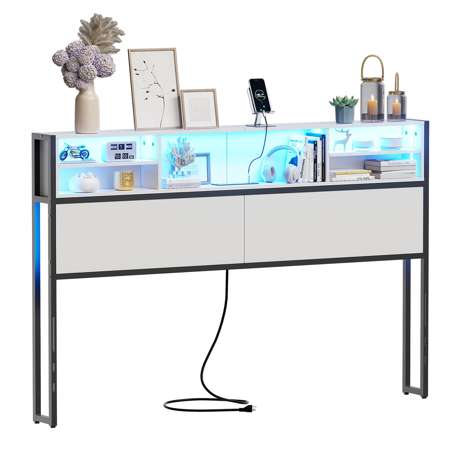 PAKASEPT Queen Size Headboard with USB Ports, Outlets & RGB LED Lights - 4-Tier Storage, Height Adjustable - Modern Bed Headboard for Queen Beds (White) - Perfect for Bedroom Upgrade, Small Space Storage & Nighttime Reading