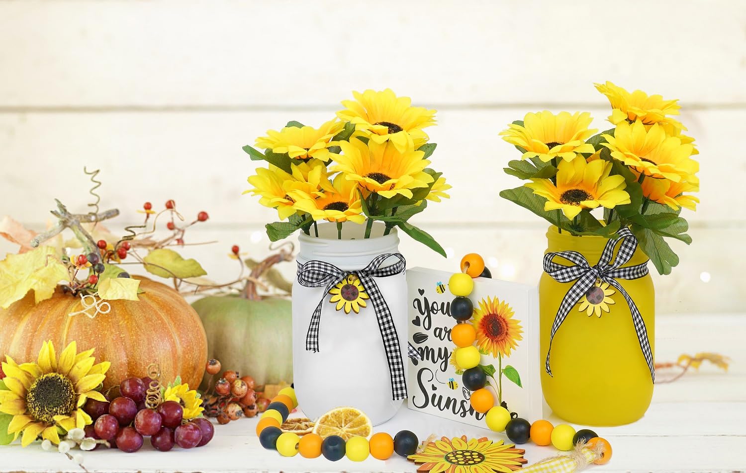 Sunflower Decor for Kitchen & Home - Rustic Farmhouse Mason Jar Centerpiece, Summer Tier Tray Decorations | Perfect for Farmhouse Style Kitchens, Dining Tables & Seasonal Home Decor
