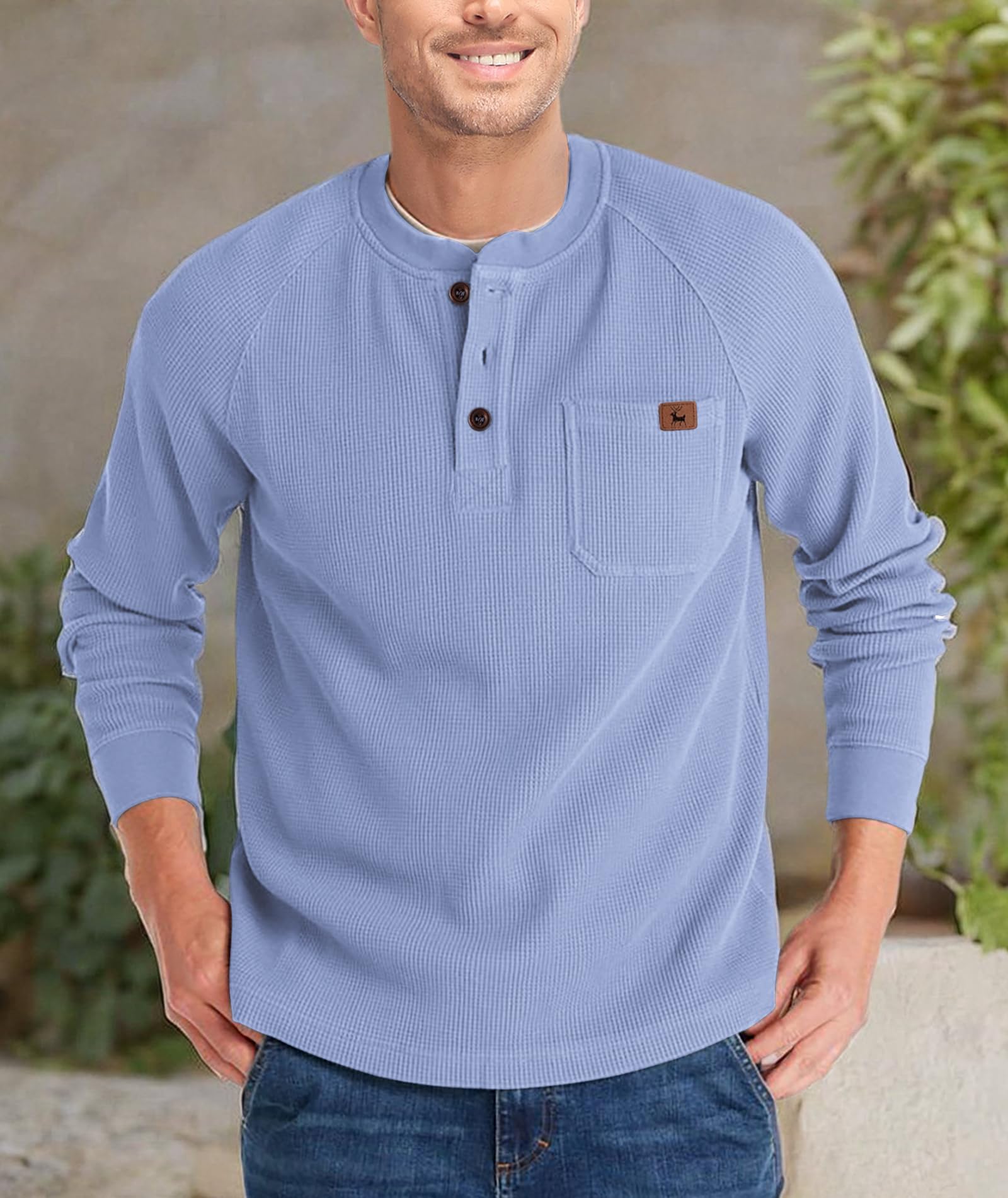 Men's Long Sleeve Henley Shirt - Casual Waffle Thermal Pullover with 3-Button & Pocket | Comfortable Winter Layering for Outdoor Activities & Everyday Wear